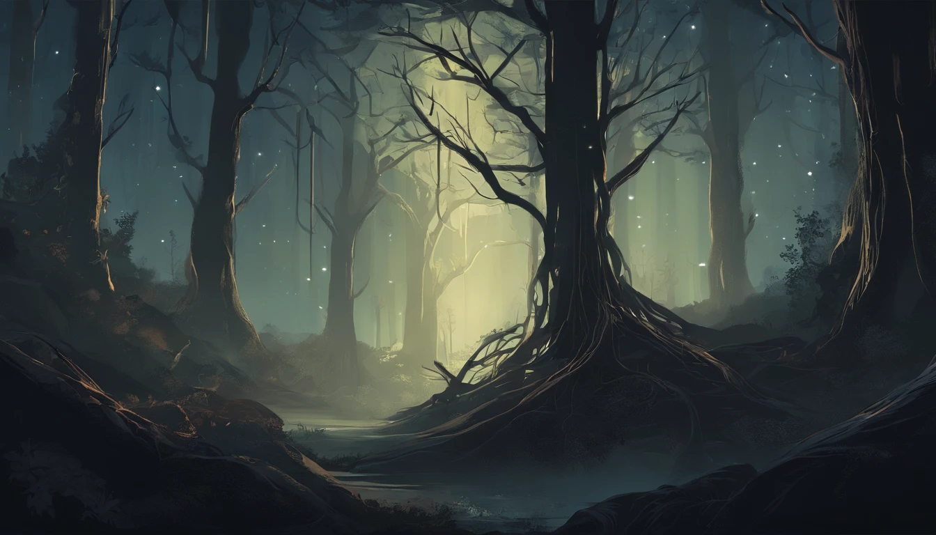 dark and dense forest at night with tall trees and many thick tree roots