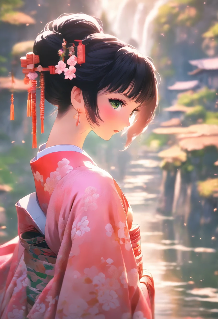 depth of field, soft lighting, high contrast, sharp focus, 1 girl, pink tradition kimono, black hair, medium hair, green eyes, looking at viewer, people, ponds, hills, fog