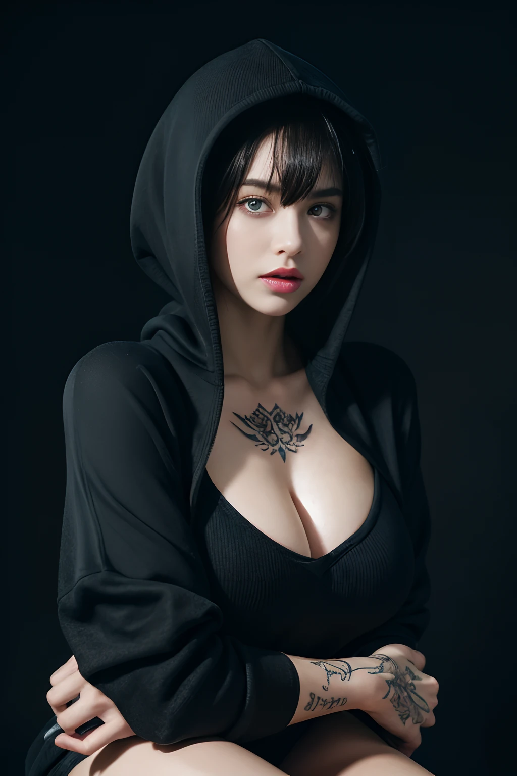 ultra high res, masterpiece,  best quality, perfect glossy shiny skins, perfect lighting, detailed lighting, dramatic shadows, ray tracing, 1girl, black sweater, looking at viewer, off shoulder, Big breasts, Exposed cleavage, blue Eyes, sharp face, sharp eyes, long bangs, short cut hair, ((Dark background)), oversized hoodie, Wearing a black hoodie, Wearing an ugly black hood, wet (sweaty, soaking wet),(( tattoos on the arms)) , open mouse,