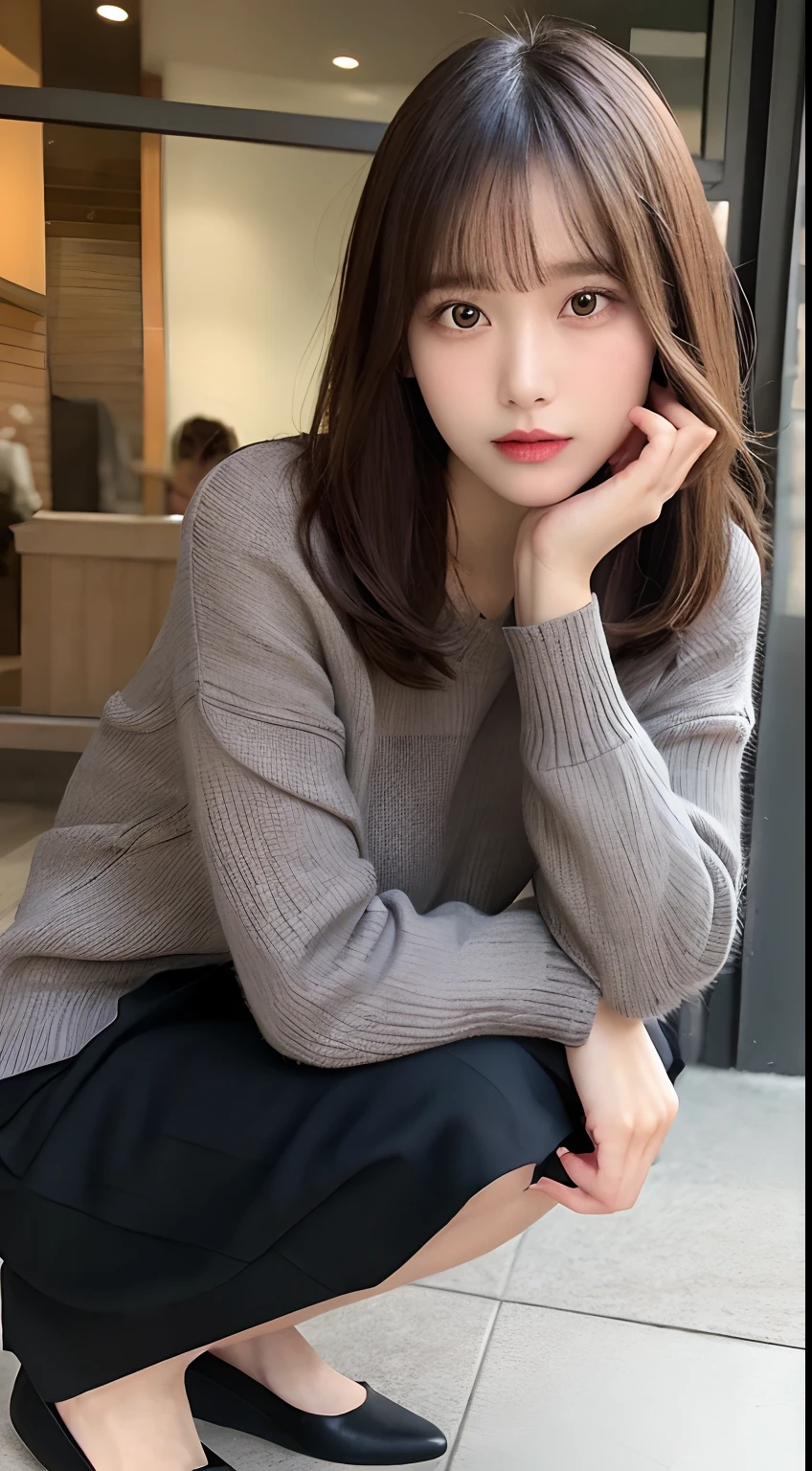 finely detail, hight resolution, hightquality、Perfect dynamic composition, Beautiful detailed eyes, Medium Hair, small tits 、Natural Color Lip, Squatting,Kamimei、Shibuya、college aged、1 persons、Transparent skin、Glowing hair、masutepiece, Best Quality, Illustration, Ultra-detailed, finely detail, hight resolution, 8K,Sweaters(greys)And long skirts(A black),Cheek cane with both hands