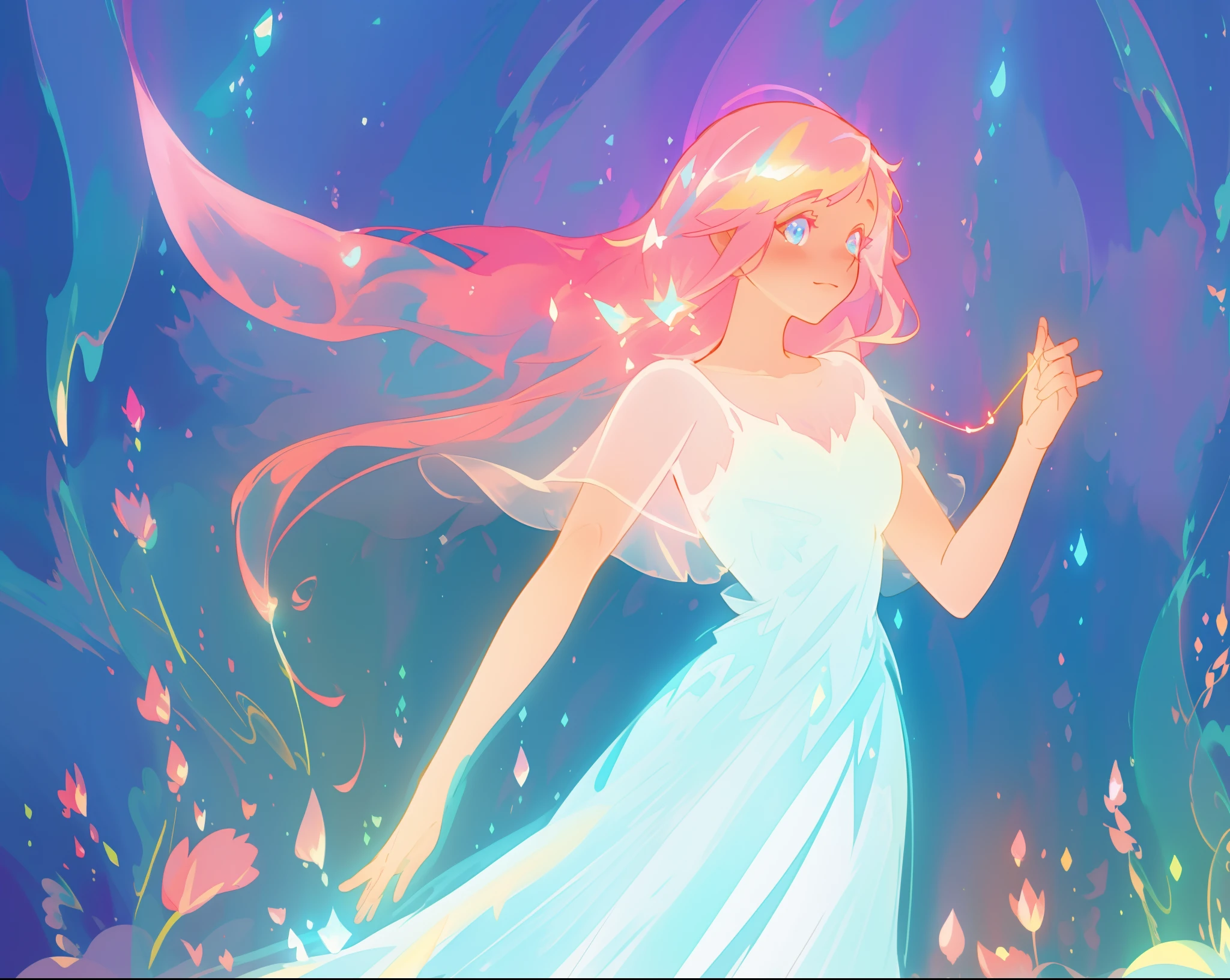 beautiful girl in glowing white dress, ((flowing white ballgown)), vibrant pastel colors, (colorful), magical lights, long flowing colorful pink hair, ((glowing aura around her)), flowing glowing hair, fantasia landscape background, whimsical, magical, fantasy, beautiful face, ((masterpiece, best quality)), intricate details, highly detailed, sharp focus, 8k resolution, sparkling detailed eyes, liquid watercolor