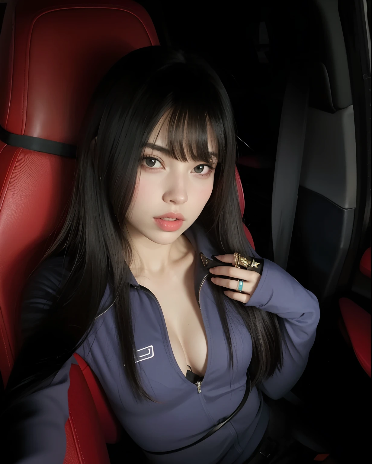 Araffe woman sitting in a car with a cell phone in her hand, Ela tem cabelo preto com franja, com franja, com franja completa, basia tran |, Anastasia Ovchinnikova, sasha cinza, Lalisa Manobal, sorriso sensual, Estilo de Julia Razumova, Anna Nikonova aka Newmilky, Charli XCX |