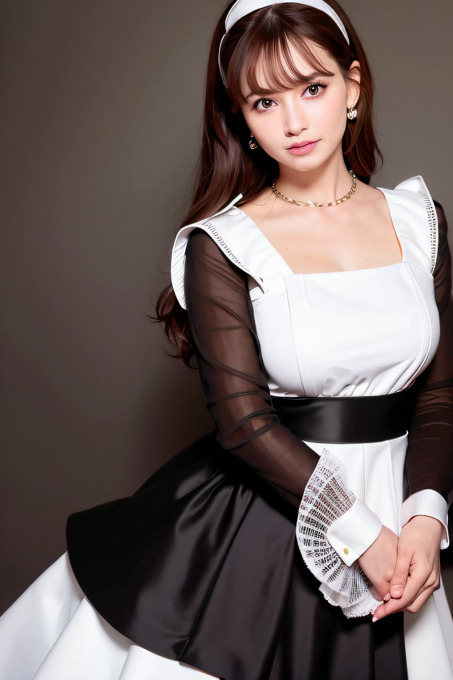 best quality, photorealistic, 8k, high res, 1girl, woman, (skindentation), (professional lighting), (portrait:0.6), (maid dress:1.897), gorgeous, ((brown hair)), (medium hair:1.6), (flowing hair:1.4), (1girl eyes looking at viewer:1), ((looking at viewer:1.6)), (1girl looking at the camera), photorealistic, (bokeh), (portait:0.6), (dynamic pose:1.2), masterpiece, intricate, realistic, sharp focus, award-winning photograph, sfw, (smile:1),