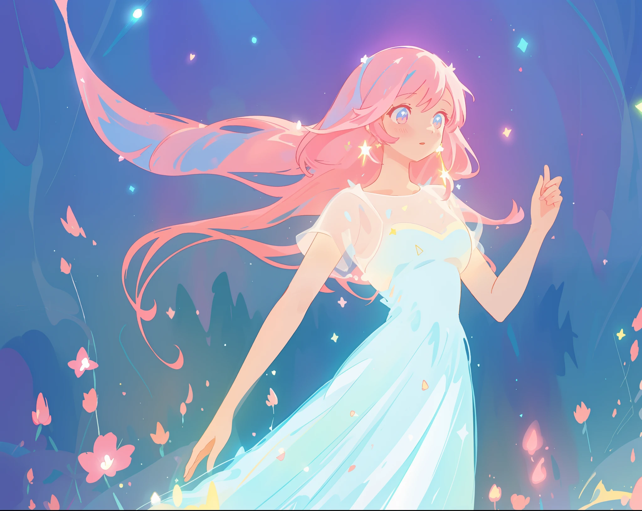 beautiful girl in glowing white dress, ((flowing white ballgown)), vibrant pastel colors, (colorful), magical lights, long flowing colorful pink hair, ((glowing aura around her)), flowing glowing hair, fantasia landscape background, whimsical, magical, fantasy, beautiful face, ((masterpiece, best quality)), intricate details, highly detailed, sharp focus, 8k resolution, sparkling detailed eyes, liquid watercolor