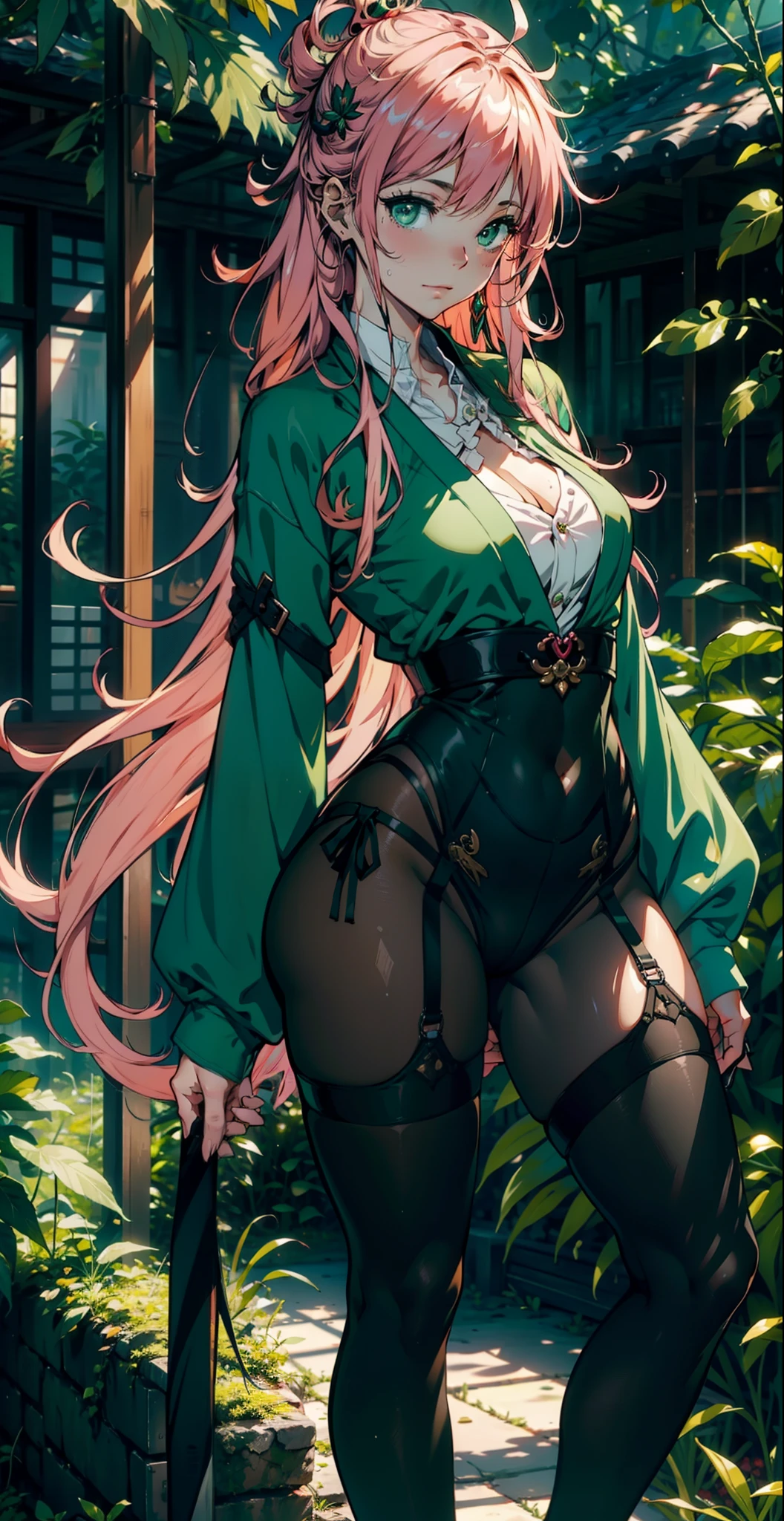 1female,,Slim,熟妇,medium cleavage breasts Thin waist,slenderlegs,Pornographic exposure, 独奏,lala deviluke, long hair, pink hair, tail, ahoge, bangs, hair ornament, (green eyes:1.5), medium breasts,(wearing: green kimono, high heels, garter belt, pantyhose), looking at viewer,(Background with:ln the forest,the rainforest,in summer,standing on your feet,Sweat profusely,drenched all over the body,seen from the front, hair straight, mostly cloudy sky,(((tmasterpiece),(Very detailed CG unity 8K wallpaper),best qualtiy,cinmatic lighting,detailed back ground,beatiful detailed eyes,Bright pupils,(Very fine and beautiful),(Beautiful and detailed eye description),ultra - detailed,tmasterpiece,)),facing at camera,(Full body photo),Show shoes,A high resolution,ultra - detailed),revealing breasts, Bulge,legs are open,Raised sexy,Flushed complexion,Open-mouthed,frontage,full body