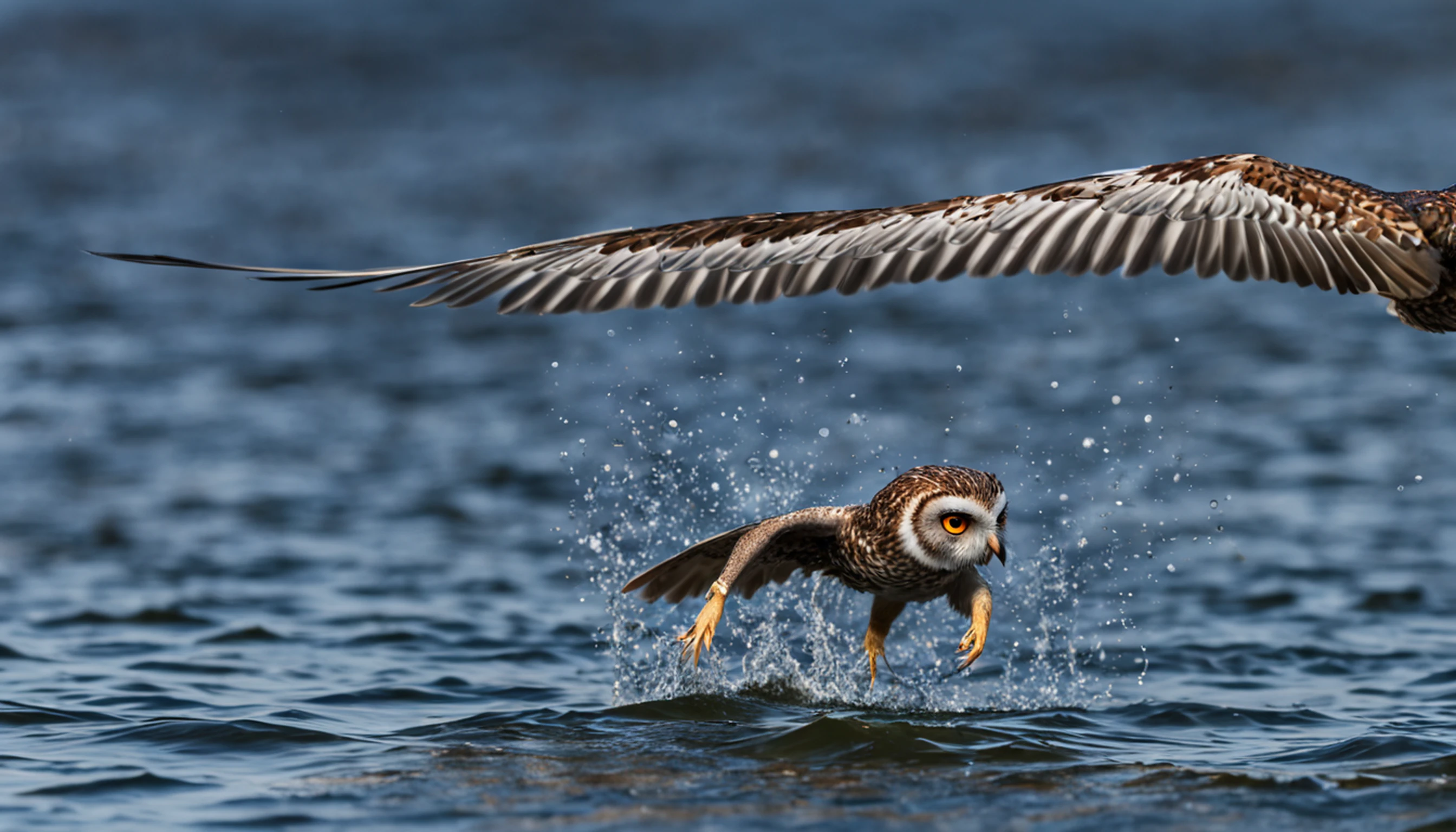 Owl flies over water with a mouse，imagem invertida，foco nítido，Bokeh，profundidade de campos，Obras de mestres，super-fino，hyper-realistic，8k，melhor qualidade de imagem，Detailed description