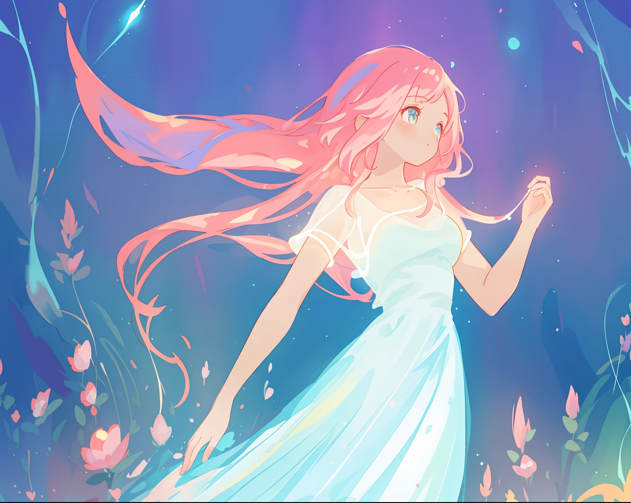 beautiful girl in glowing white dress, ((flowing white ballgown)), vibrant pastel colors, (colorful), magical lights, long flowing colorful pink hair, ((glowing aura around her)), flowing glowing hair, fantasia landscape background, whimsical, magical, fantasy, beautiful face, ((masterpiece, best quality)), intricate details, highly detailed, sharp focus, 8k resolution, sparkling detailed eyes, liquid watercolor