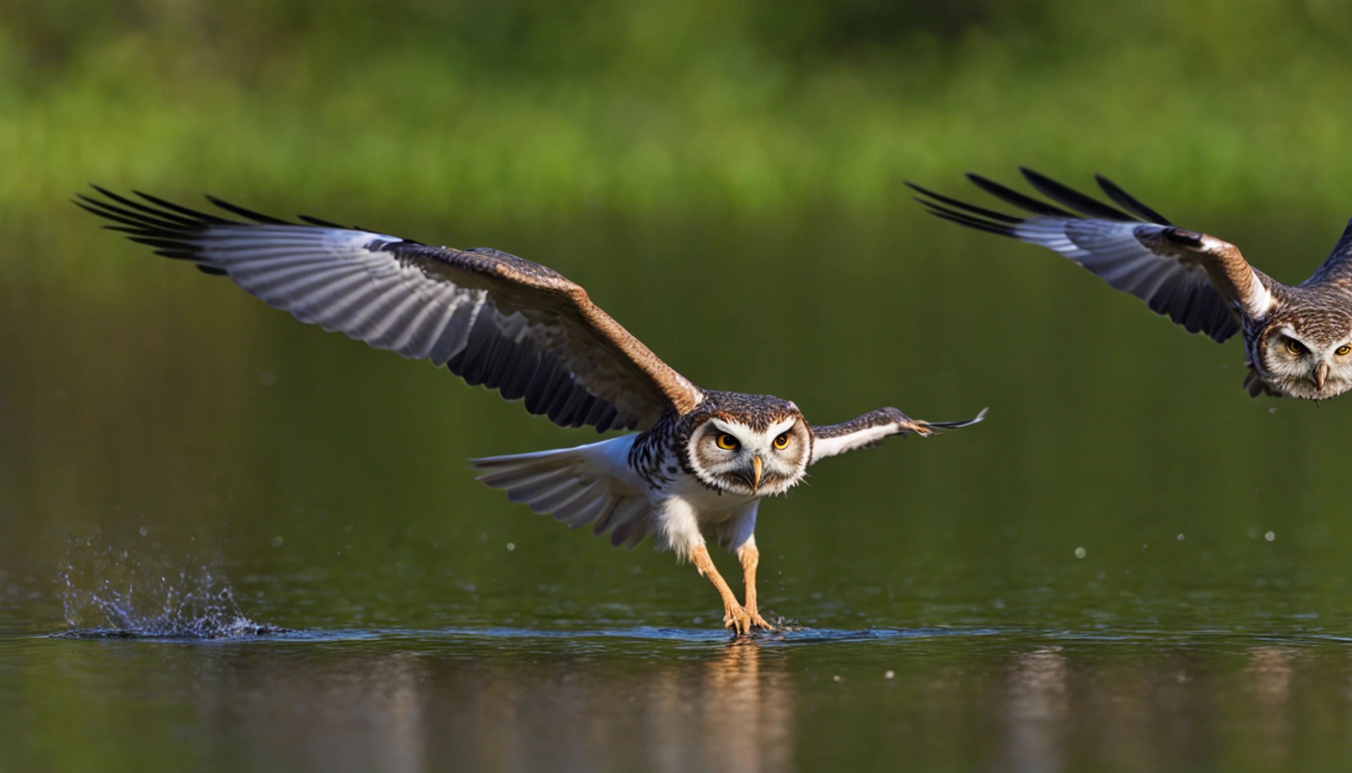 The owl catches a mouse and flies over the water,imagem invertida,foco nítido,Bokeh,profundidade de campos,Obras de mestres,super-fino,hyper-realistic,8k,melhor qualidade de imagem,Detailed description