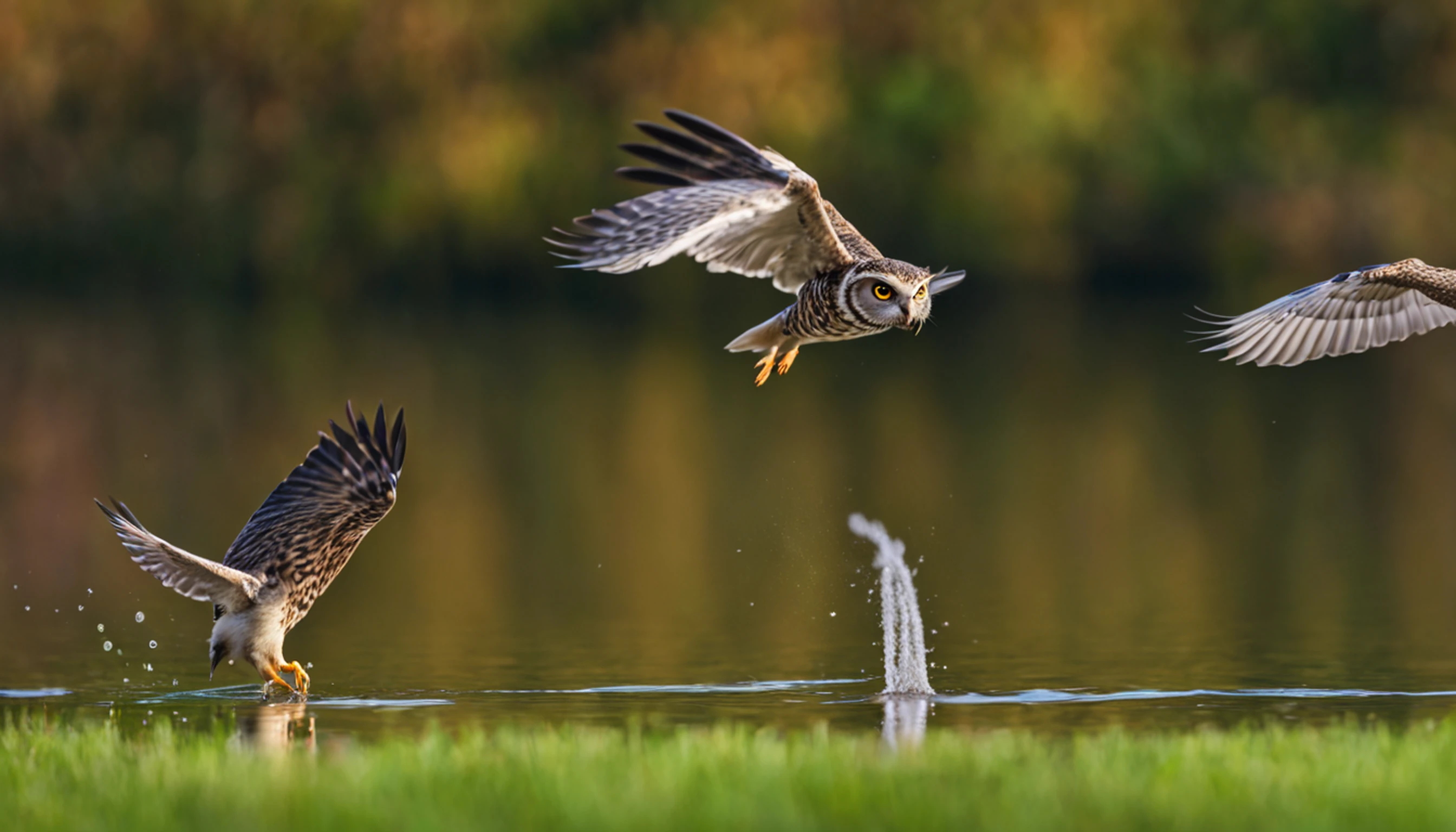 The owl catches a mouse and flies over the water，imagem invertida，foco nítido，Bokeh，profundidade de campos，Obras de mestres，super-fino，hyper-realistic，8k，melhor qualidade de imagem，Detailed description