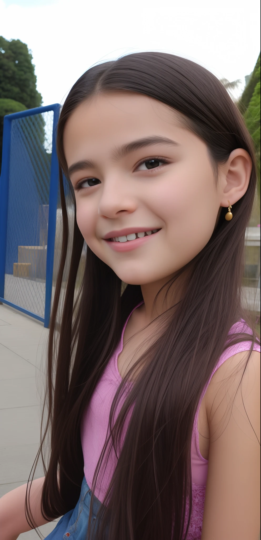 Girl with long hair smiling for the camera, ela tem cerca de 1 6 anos de idade, imagem de qualidade muito baixa, taken in the early 2020s, 1 6 anos, taken in the late 2010s, 18 anos, muito ligeiramente sorridente, tiradas no final dos anos 2000, Violeta Myers