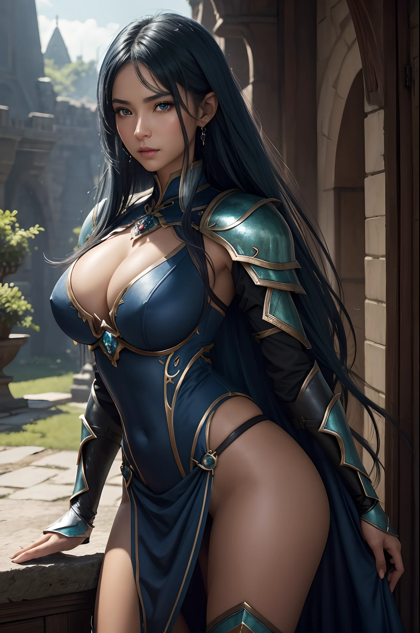 8K、Big-breasted dark elf,Super beauty,Tanned realistic skin,Blue and White Chest Armor,Model Chute Style、(the Extremely Detailed CG Unity 8K Wallpapers)、Full shot body photos of the most beautiful artwork in the world、Front Four Poses、Dark Elves、blue hairs、Green Valley、Blue and white sexy chest armor。Black skirt、Pearl Skin、Diamonds、medieval architecture、Ed Brink、Ateigairan、Studio Ghibli、Jeremy Mann、Greg Munchez、Antonio Moro、trending on artstationh、Trending in CG、 Dense and、Up to detail、Sharp focus、Dramatic and photorealistic painting art by Midjourney and Greg Rutkowski、Sexy costume、large full breasts、Green eyes、see the beholder、beautiful expression、Emphasize cleavage、