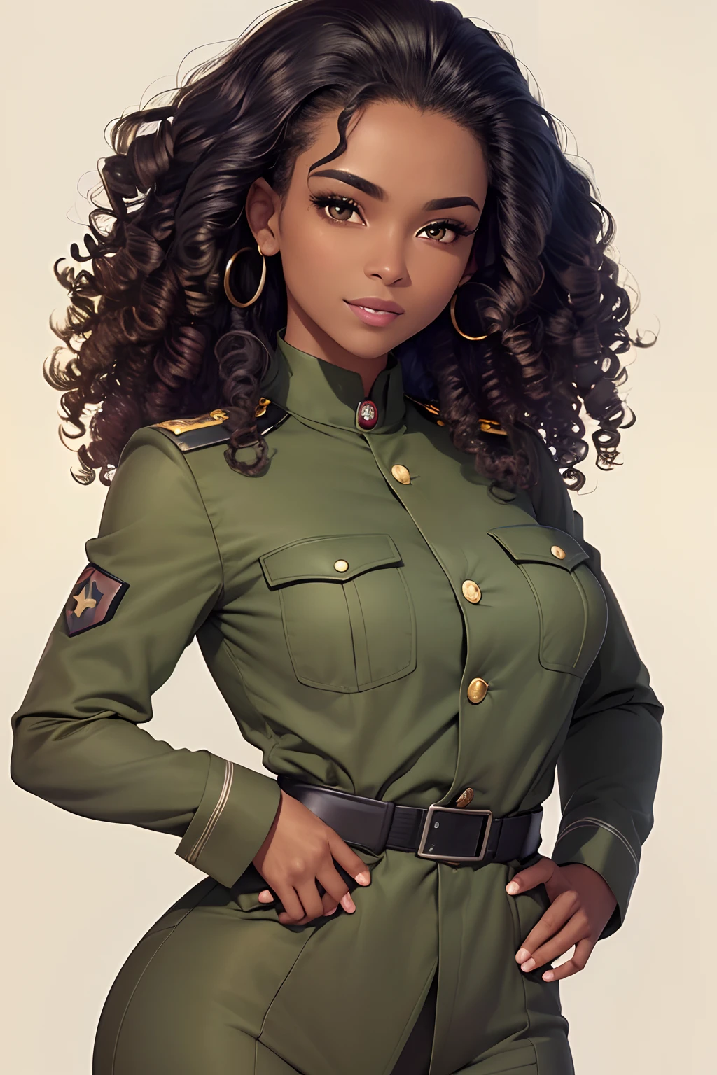 (best quality, masterpiece:1.2), 1woman, detailed hair, detailed eyes, detailed lips, (((militar hair))), ((curly hair)), (dark skin:1.2), black hair, green eyes, militar uniform, upper body, confident smile