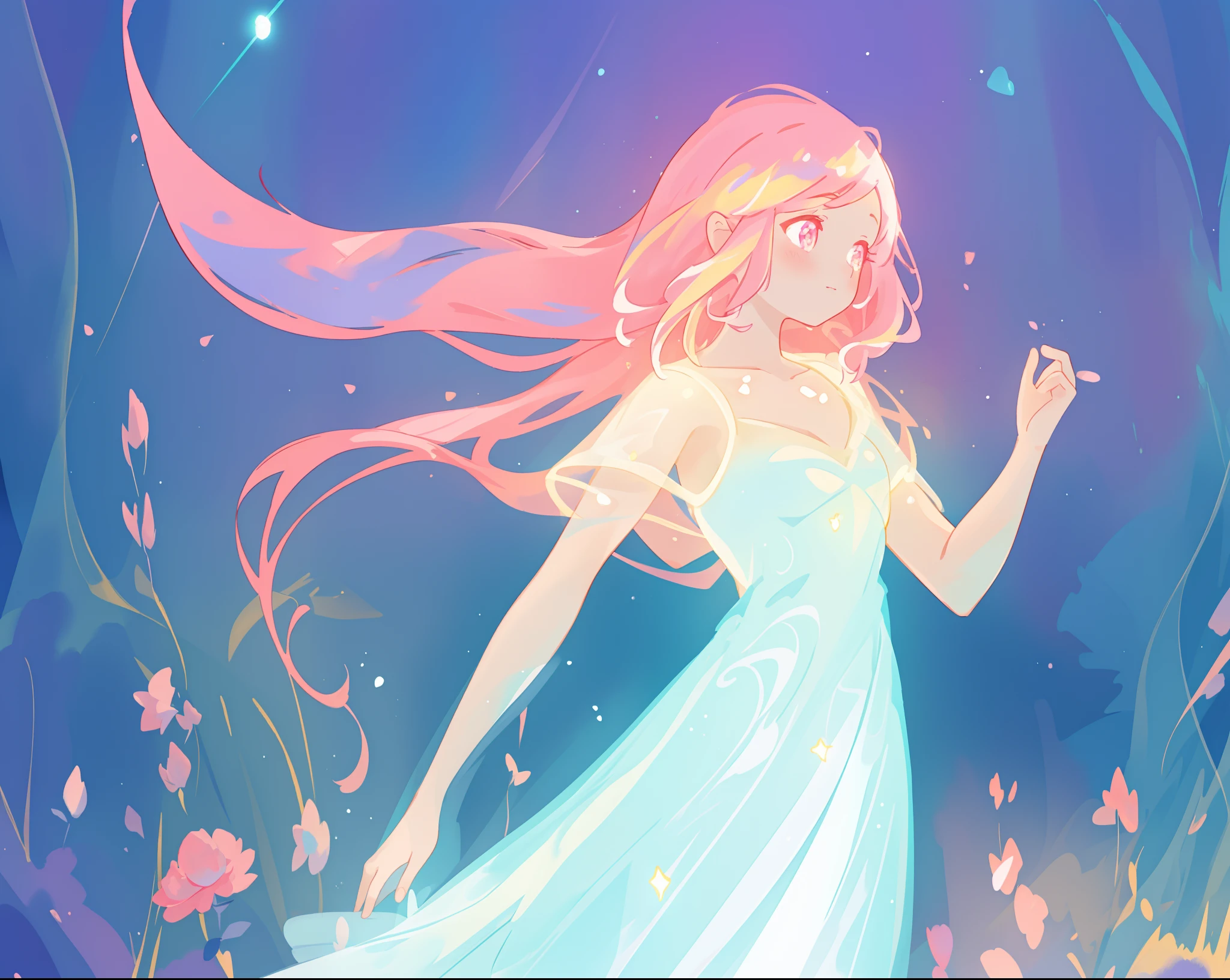beautiful girl in glowing white dress, ((flowing white ballgown)), vibrant pastel colors, (colorful), magical lights, long flowing colorful pink hair, ((glowing aura around her)), flowing glowing hair, fantasia landscape background, whimsical, magical, fantasy, beautiful face, ((masterpiece, best quality)), intricate details, highly detailed, sharp focus, 8k resolution, sparkling detailed eyes, liquid watercolor