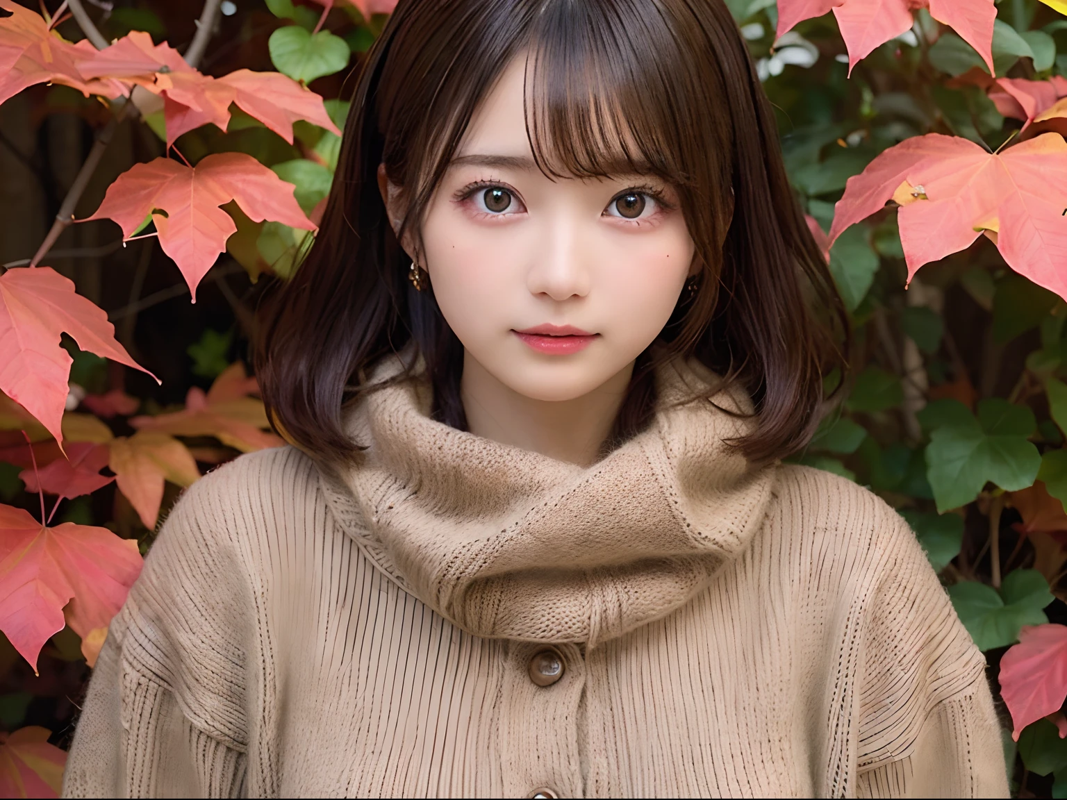 masutepiece, Best Quality, One girl, (a beauty girl, kawaii:1.3), (20 years old:1.3), Very fine eye definition, (Symmetrical eyes:1.3), (Autumn leaves), (Sweaters, scarf:1.2), Big breasts, Big Tits, large full breasts, Double D size, Show cleavage, Brown eyes, Parted bangs, Brown hair, girl