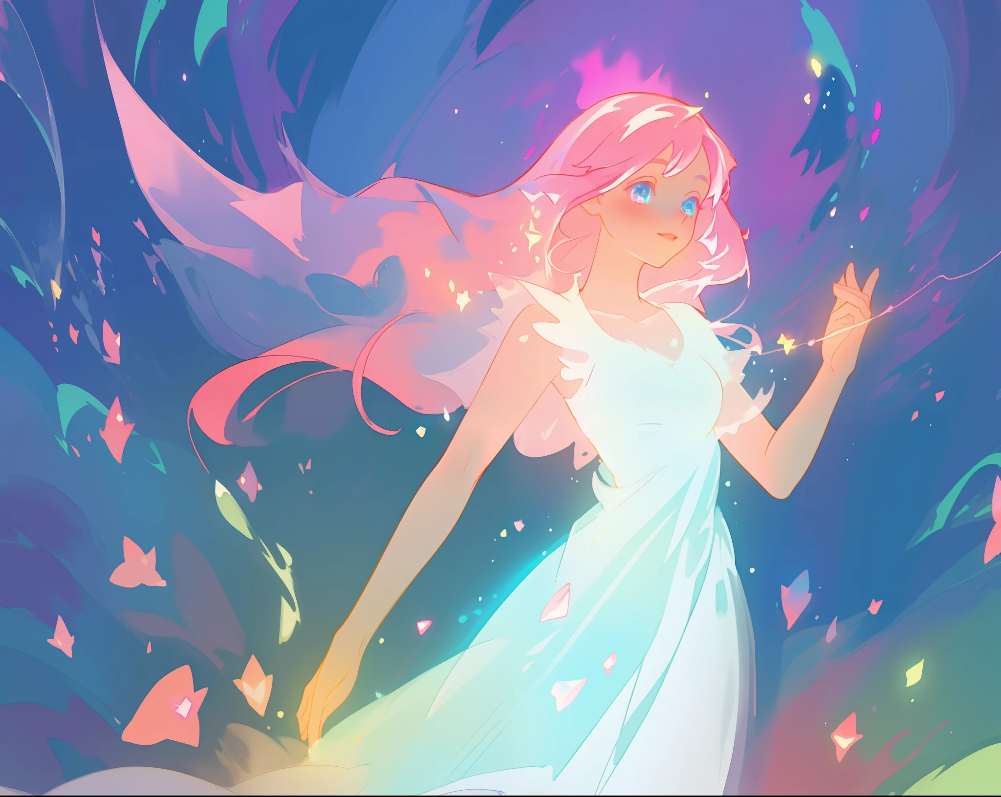 beautiful girl in glowing white dress, ((flowing white ballgown)), vibrant pastel colors, (colorful), magical lights, long flowing colorful pink hair, ((glowing aura around her)), flowing glowing hair, fantasia landscape background, whimsical, magical, fantasy, beautiful face, ((masterpiece, best quality)), intricate details, highly detailed, sharp focus, 8k resolution, sparkling detailed eyes, liquid watercolor