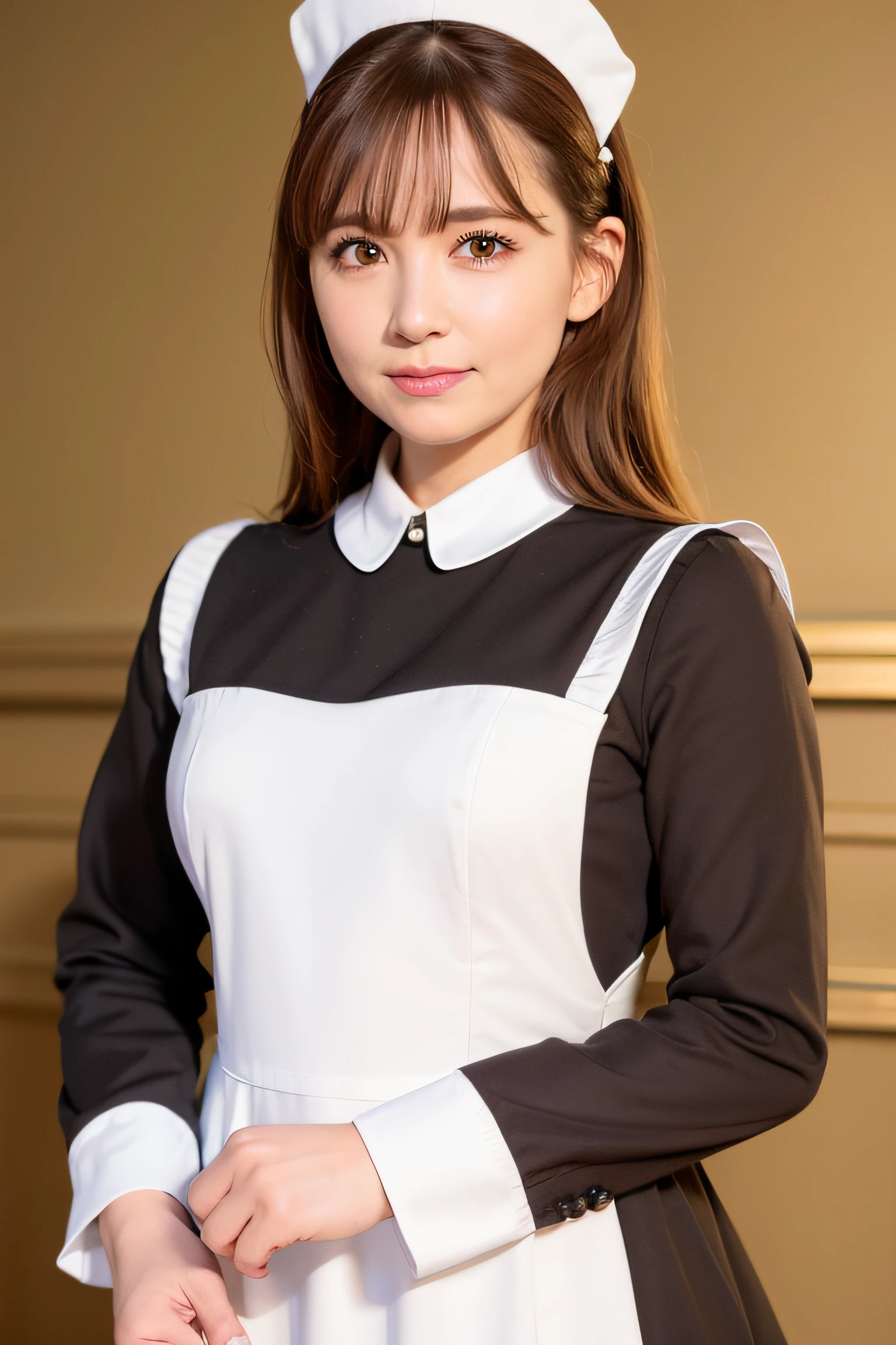 best quality, photorealistic, 8k, high res, 1girl, woman, (skindentation), (professional lighting), (portrait:0.6), (maid dress:1.897), gorgeous, ((brown hair)), (medium hair:1.6), (flowing hair:1.4), (1girl eyes looking at viewer:1), ((looking at viewer:1.6)), (1girl looking at the camera), photorealistic, (bokeh), (portait:0.6), (dynamic pose:1.2), masterpiece, intricate, realistic, sharp focus, award-winning photograph, sfw, (smile:1),