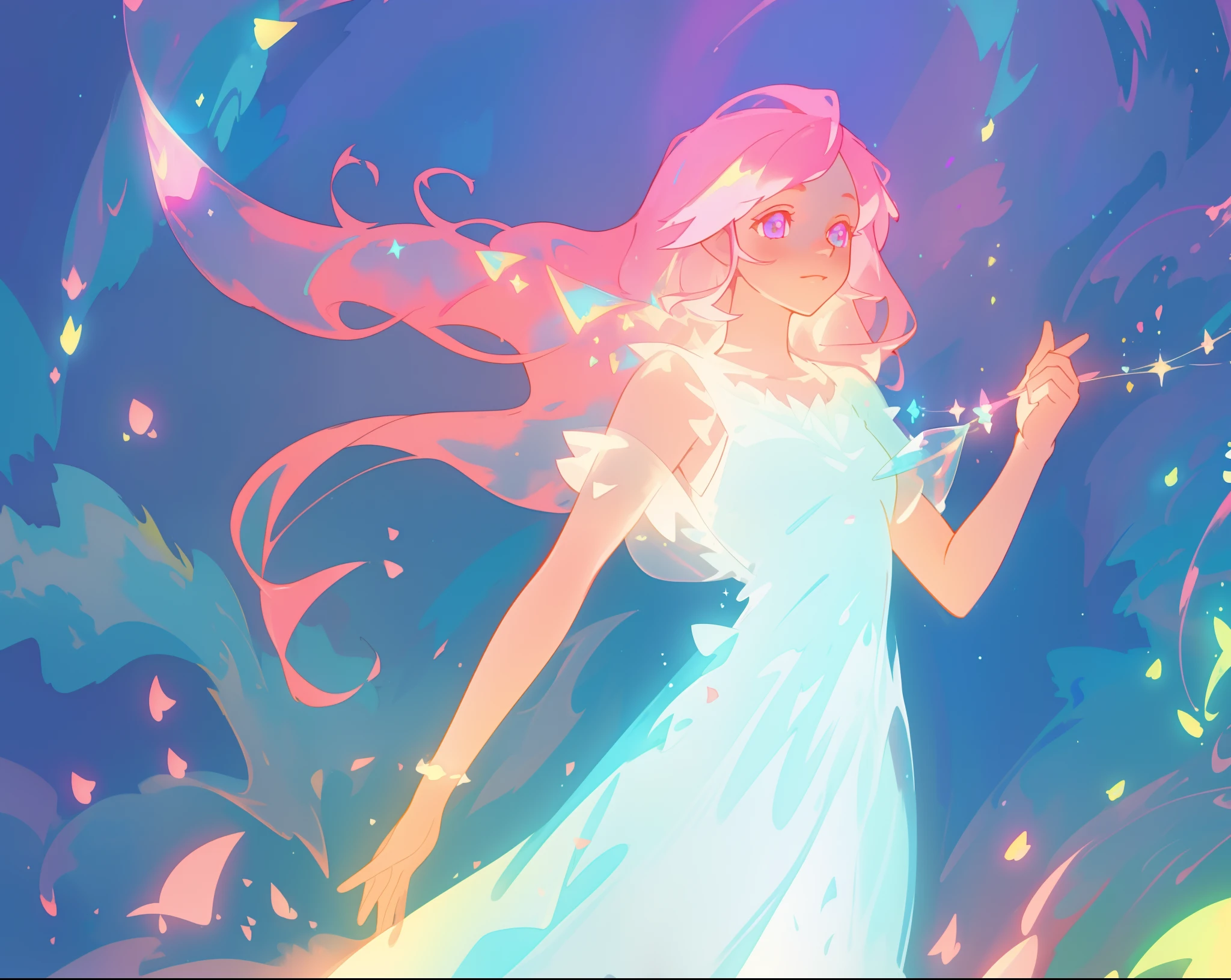 beautiful girl in glowing white dress, ((flowing white ballgown)), vibrant pastel colors, (colorful), magical lights, long flowing colorful pink hair, ((glowing aura around her)), flowing glowing hair, fantasia landscape background, whimsical, magical, fantasy, beautiful face, ((masterpiece, best quality)), intricate details, highly detailed, sharp focus, 8k resolution, sparkling detailed eyes, liquid watercolor