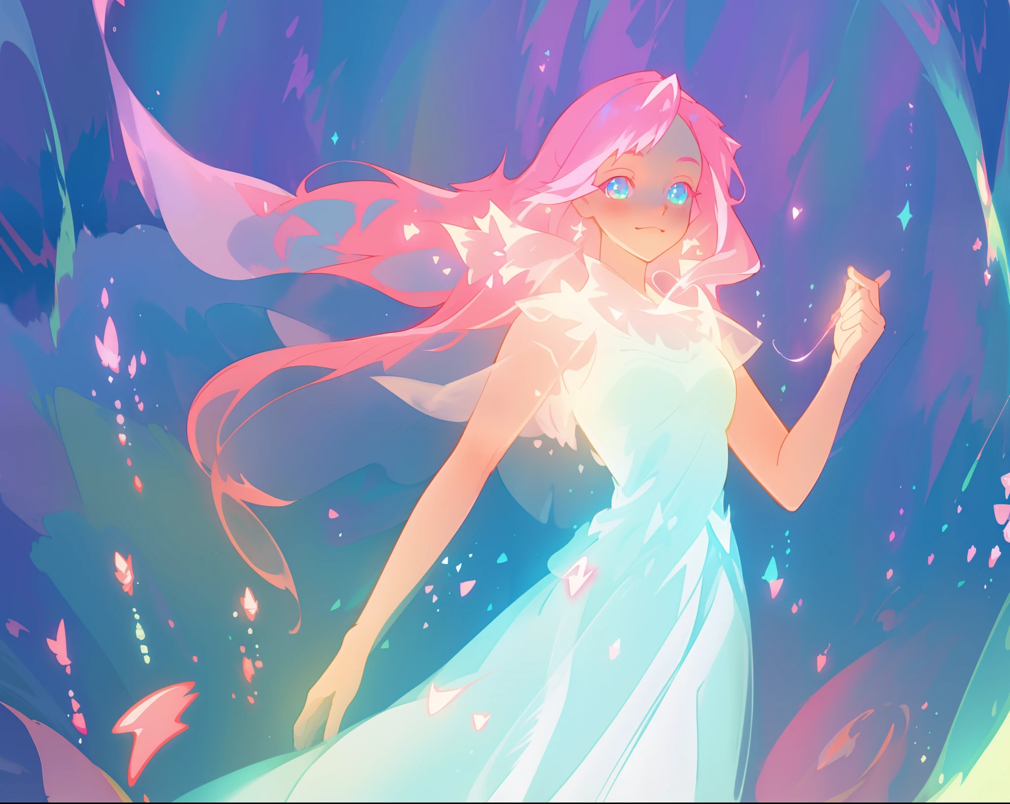 beautiful girl in glowing white dress, ((flowing white ballgown)), vibrant pastel colors, (colorful), magical lights, long flowing colorful pink hair, ((glowing aura around her)), flowing glowing hair, fantasia landscape background, whimsical, magical, fantasy, beautiful face, ((masterpiece, best quality)), intricate details, highly detailed, sharp focus, 8k resolution, sparkling detailed eyes, liquid watercolor