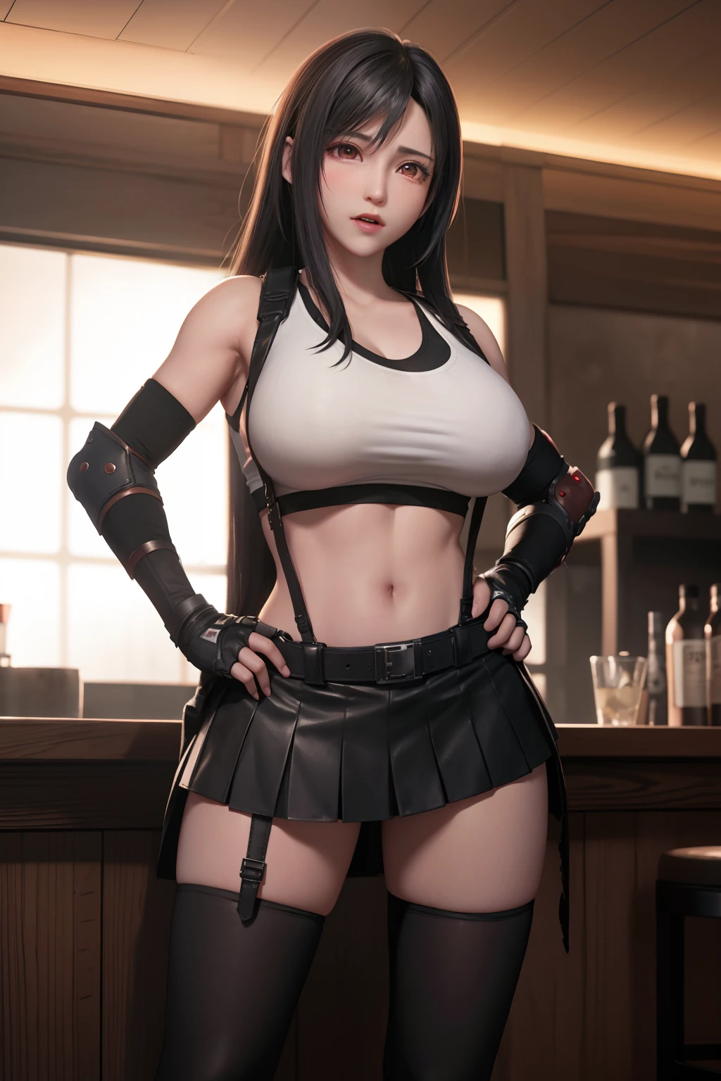 Final Fantasy VII, (nose blush), single elbow pad, ankle boots, black hair, black skirt, black thighhighs, red boots, elbow gloves, elbow pads, fingerless gloves, taut shirt, sports bra, (suspender black skirt), thighhighs, white tank top, top body is hyperrealistic thicc muscle and hyper largest_breasts!! with the type of boobs_melons, black hair, full body, look at viewer, posing standing in bar, sensual mouth, makeup, bokeh, best quality, masterpiece, highres, UHD, 1080P