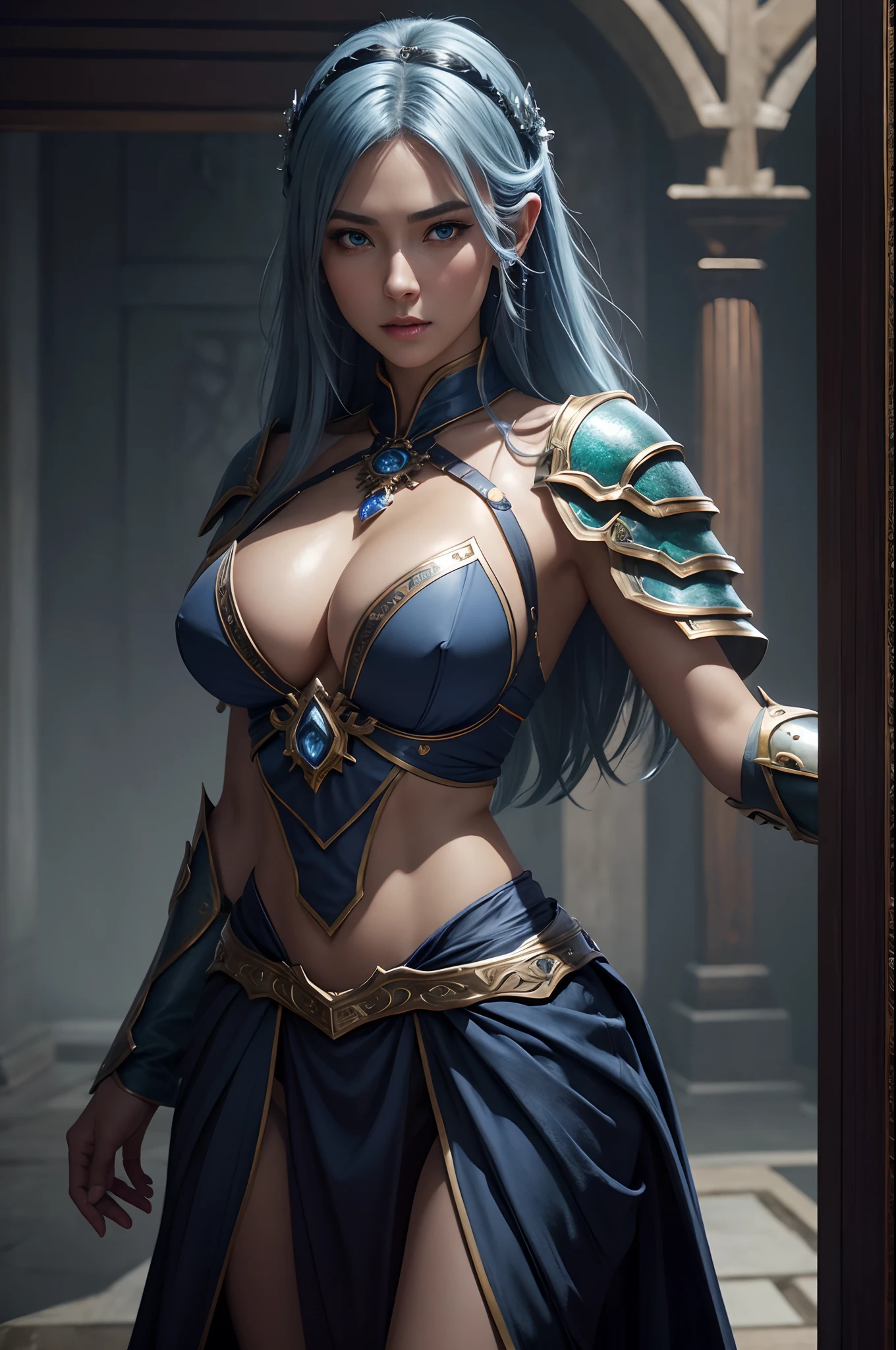 8K、Dark elf with very big breasts,Super beauty,Tanned realistic skin,Luxurious blue and white chest armor,Model Chute Style、(the Extremely Detailed CG Unity 8K Wallpapers)、Full shot body photos of the most beautiful artwork in the world、Front Four Poses、Dark Elves、blue hairs、Green Valley、Blue and white sexy chest armor。Black skirt、Pearl Skin、Diamonds、medieval architecture、Ed Brink、Ateigairan、Studio Ghibli、Jeremy Mann、Greg Munchez、Antonio Moro、trending on artstationh、Trending in CG、 Dense and、Up to detail、Sharp focus、Dramatic and photorealistic painting art by Midjourney and Greg Rutkowski、Sexy costume、very large breast、Blue eyes、see the beholder、beautiful expression、Emphasize cleavage、