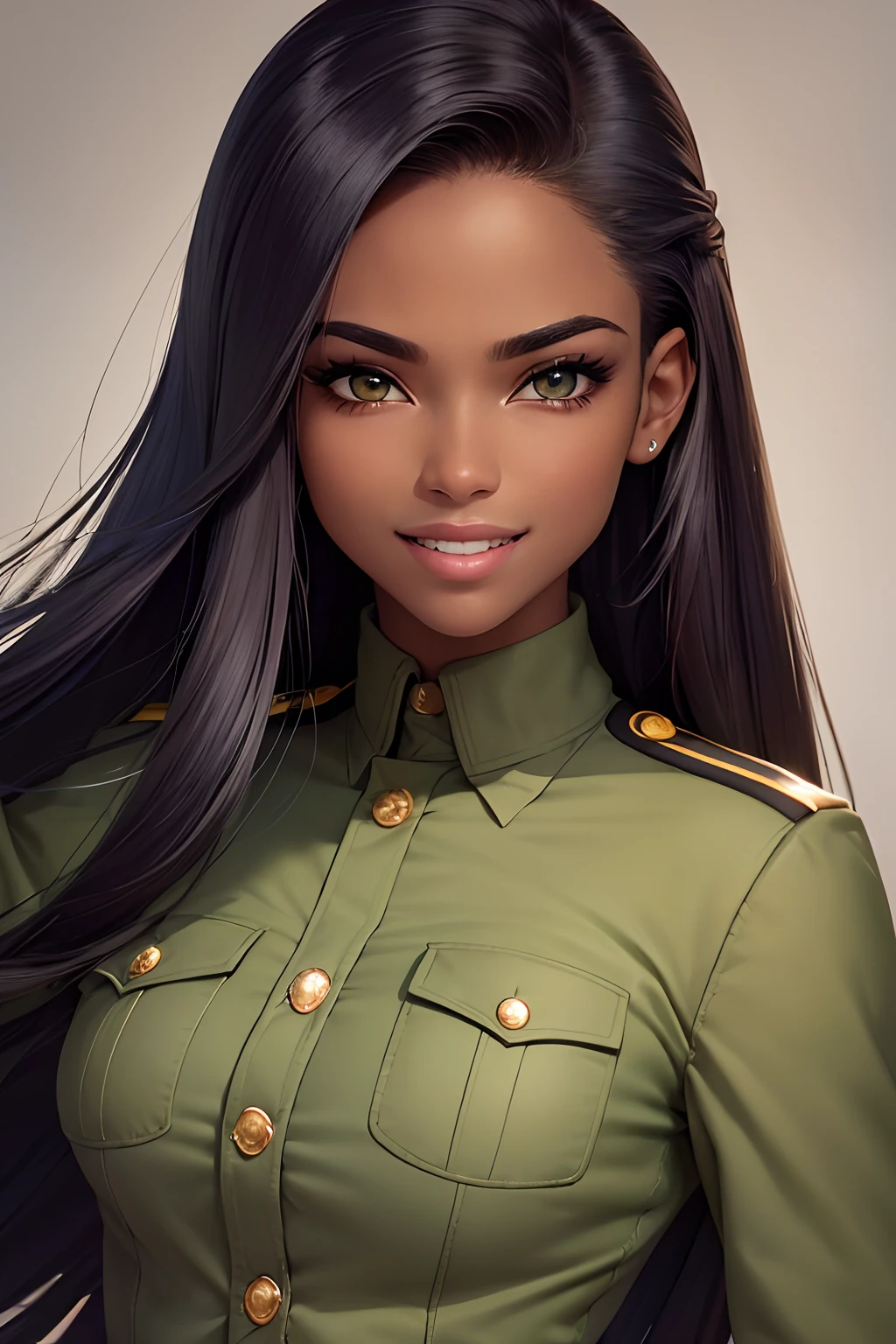 (best quality, masterpiece:1.2), 1woman, detailed hair, detailed eyes, detailed lips, (((militar hair))), ((straight hair)), (dark skin:1.2), white hair, green eyes, militar uniform, upper body, big smile, laughing, happy