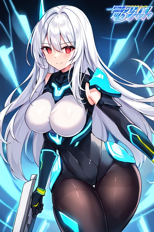1girl, white hair, large breasts, breasts, thick thighs, wide hips, red eyes, bodysuit, black bodysuit, pantyhose, long hair, light smile, happy, science-fiction, tech, futuristic, black pantyhose, thighhighs, neon, machinery, hair ornament, ornament, neon trim, anime style, 2d, anime screencap, shoulder armor, blue neon trim