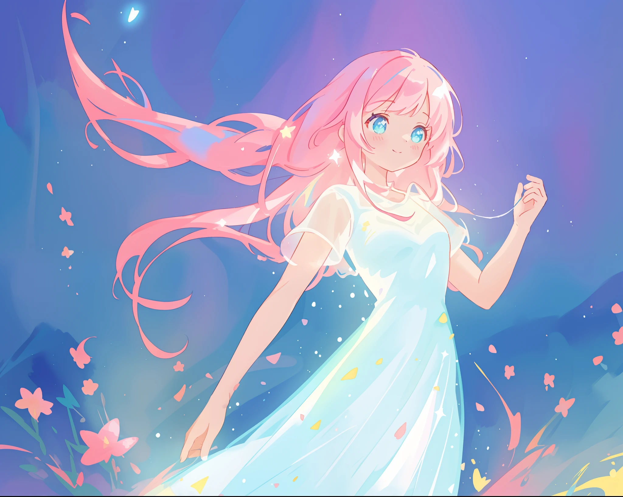 beautiful girl in glowing white dress, ((flowing white ballgown)), vibrant pastel colors, (colorful), magical lights, long flowing colorful pink hair, ((glowing aura around her)), flowing glowing hair, fantasia landscape background, whimsical, magical, fantasy, beautiful face, ((masterpiece, best quality)), intricate details, highly detailed, sharp focus, 8k resolution, sparkling detailed eyes, liquid watercolor