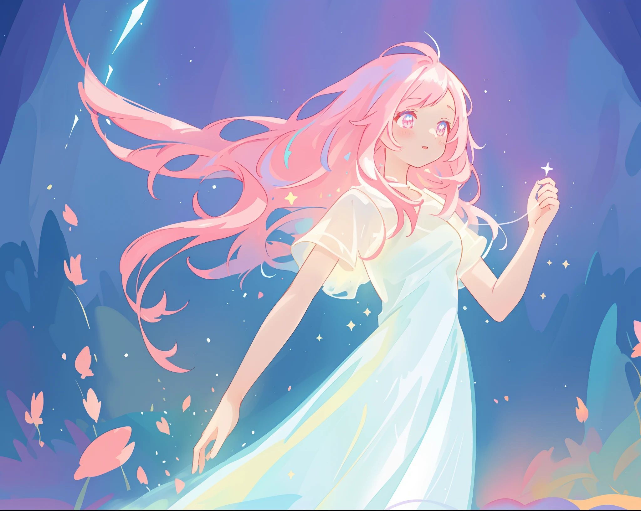 beautiful girl in glowing white dress, ((flowing white ballgown)), vibrant pastel colors, (colorful), magical lights, long flowing colorful pink hair, ((glowing aura around her)), flowing glowing hair, fantasia landscape background, whimsical, magical, fantasy, beautiful face, ((masterpiece, best quality)), intricate details, highly detailed, sharp focus, 8k resolution, sparkling detailed eyes, liquid watercolor