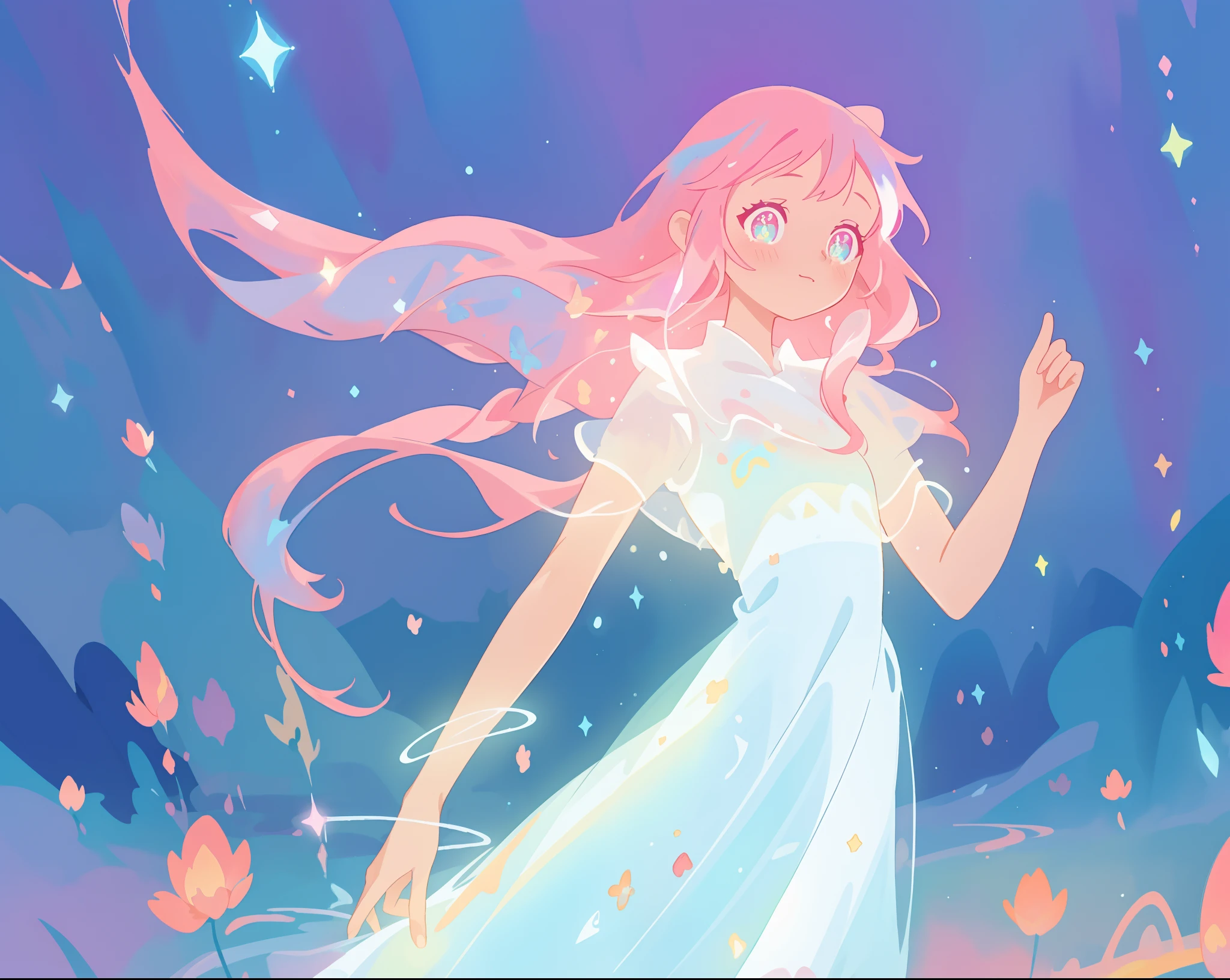 beautiful girl in glowing white dress, ((flowing white ballgown)), vibrant pastel colors, (colorful), magical lights, long flowing colorful pink hair, ((glowing aura around her)), flowing glowing hair, fantasia landscape background, whimsical, magical, fantasy, beautiful face, ((masterpiece, best quality)), intricate details, highly detailed, sharp focus, 8k resolution, sparkling detailed eyes, liquid watercolor