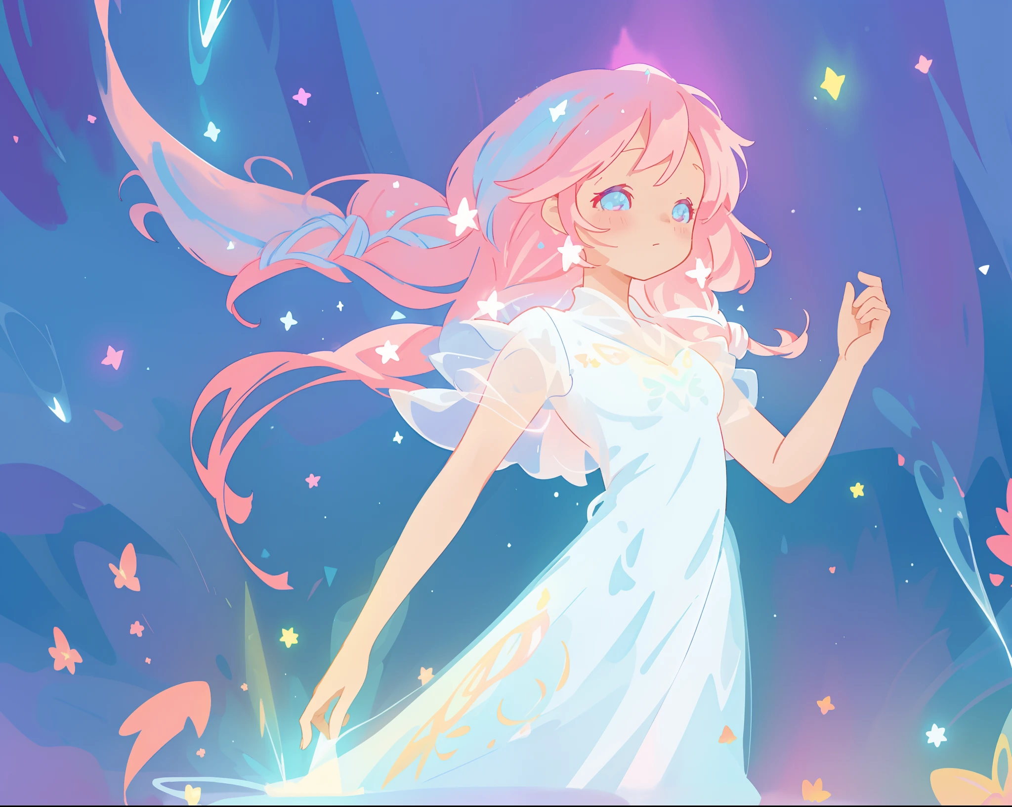 beautiful girl in glowing white dress, ((flowing white ballgown)), vibrant pastel colors, (colorful), magical lights, long flowing colorful pink hair, ((glowing aura around her)), flowing glowing hair, fantasia landscape background, whimsical, magical, fantasy, beautiful face, ((masterpiece, best quality)), intricate details, highly detailed, sharp focus, 8k resolution, sparkling detailed eyes, liquid watercolor