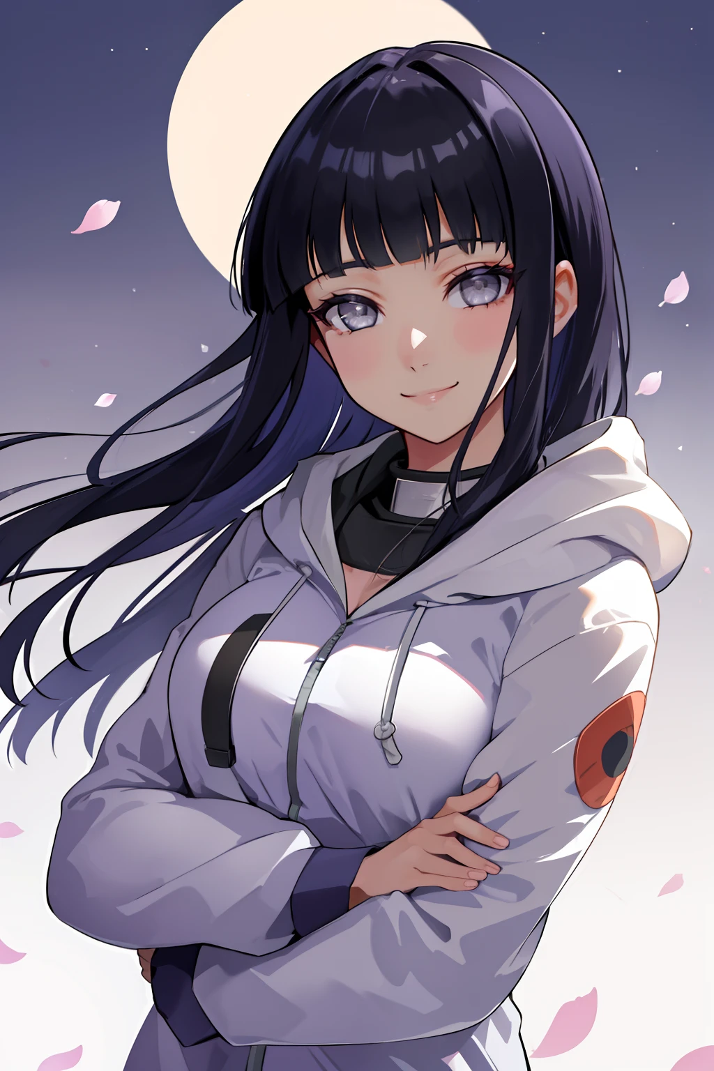 beautiful, masterpiece, best quality, extremely detailed face, perfect lighting, 1girl, hinata, hyuuga hinata, bangs, empty_eyes, black_hair, blunt_bangs, grey eyes, grey sleeves, headband_around_neck, highres, hime cut, hooded_cardigan, long sleeves, looking_at_viewer, petals, smile, solo, straight hair, upper body, hooded jacket, perfect body