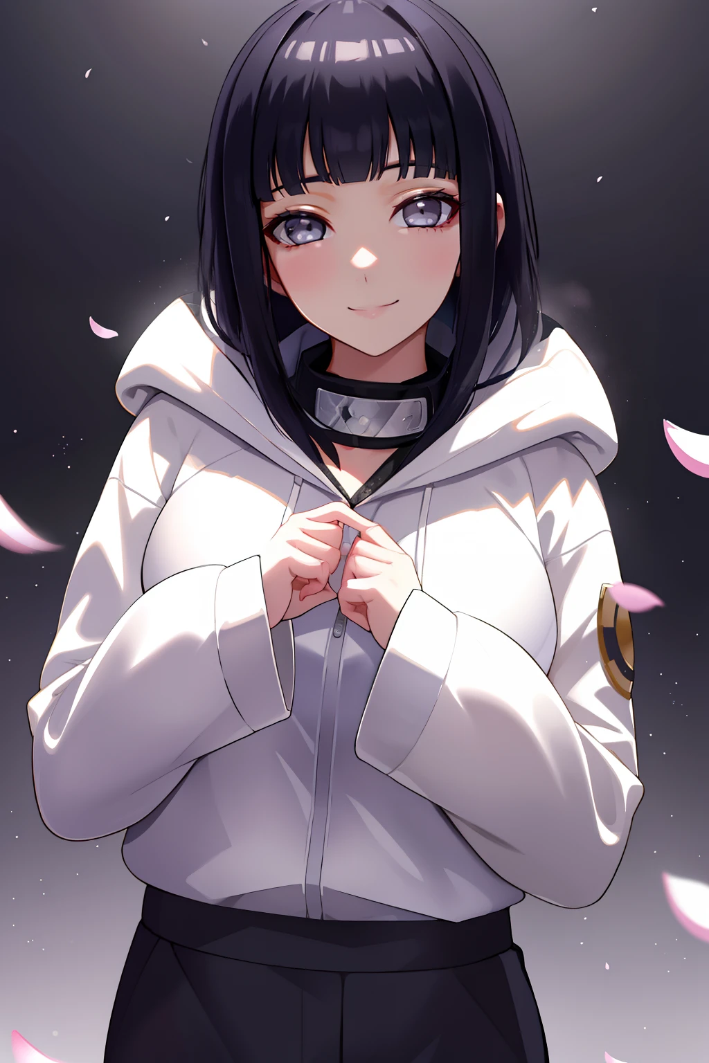 beautiful, masterpiece, best quality, extremely detailed face, perfect lighting, 1girl, hinata, hyuuga hinata, bangs, empty_eyes, black_hair, blunt_bangs, grey eyes, grey sleeves, headband_around_neck, highres, hime cut, hooded_cardigan, long sleeves, looking_at_viewer, petals, smile, solo, straight hair, upper body, hooded jacket, perfect body