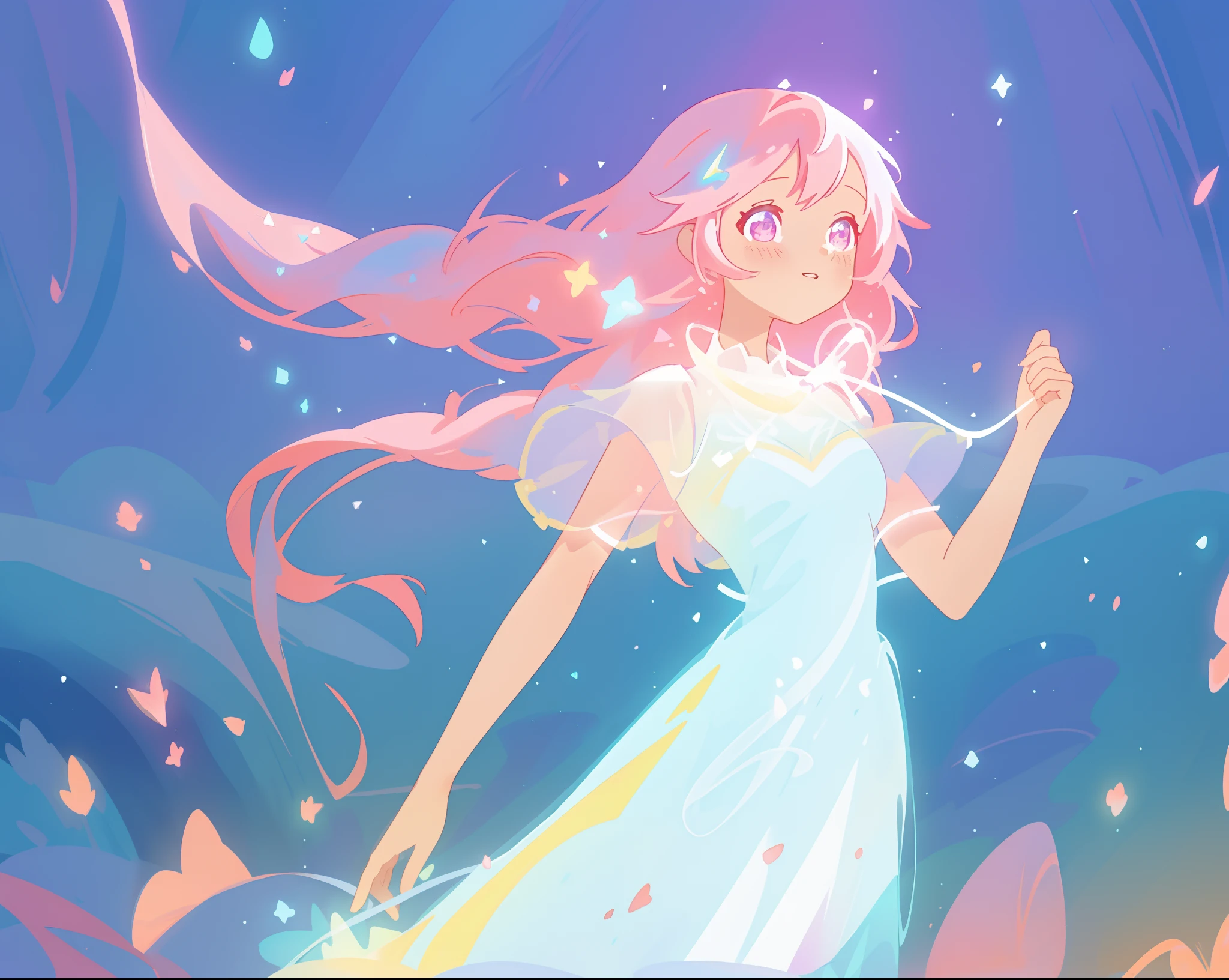 beautiful girl in glowing white dress, ((flowing white ballgown)), vibrant pastel colors, (colorful), magical lights, long flowing colorful pink hair, ((glowing aura around her)), flowing glowing hair, fantasia landscape background, whimsical, magical, fantasy, beautiful face, ((masterpiece, best quality)), intricate details, highly detailed, sharp focus, 8k resolution, sparkling detailed eyes, liquid watercolor
