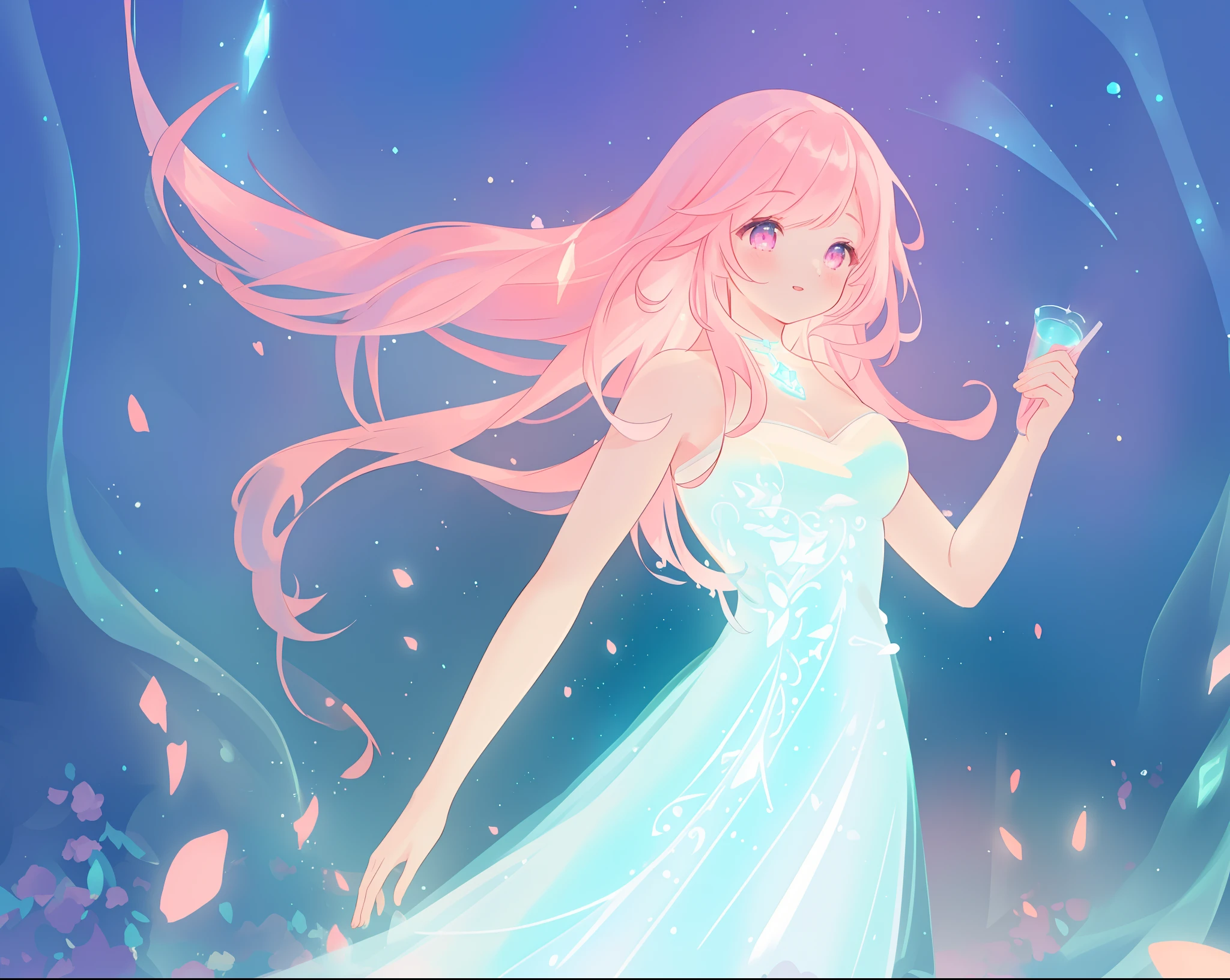 beautiful girl in glowing white dress, ((flowing white ballgown)), vibrant pastel colors, (colorful), magical lights, long flowing colorful pink hair, ((glowing aura around her)), flowing glowing hair, fantasia landscape background, whimsical, magical, fantasy, beautiful face, ((masterpiece, best quality)), intricate details, highly detailed, sharp focus, 8k resolution, sparkling detailed eyes, liquid watercolor