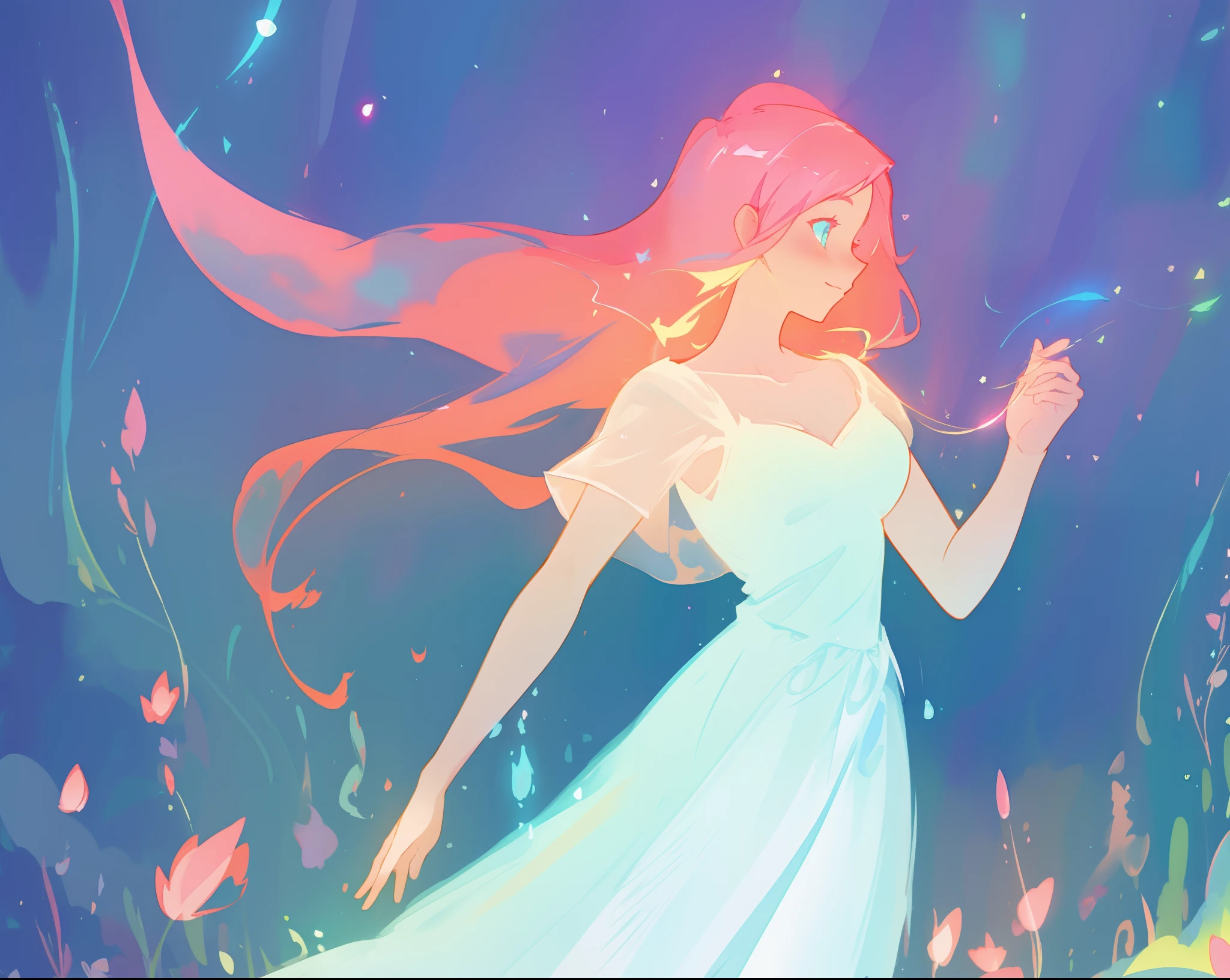 beautiful girl in glowing white dress, ((flowing white ballgown)), (looking away, profile view), vibrant pastel colors, (colorful), magical lights, long flowing colorful pink hair, ((glowing aura around her)), flowing glowing hair, fantasia landscape background, whimsical, magical, fantasy, beautiful face, ((masterpiece, best quality)), intricate details, highly detailed, sharp focus, 8k resolution, sparkling detailed eyes, liquid watercolor
