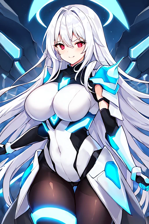 1girl, white hair, large breasts, breasts, thick thighs, wide hips, red eyes, bodysuit, black bodysuit, pantyhose, long hair, light smile, happy, science-fiction, tech, futuristic, black pantyhose, thighhighs, neon, machinery, hair ornament, ornament, neon trim, anime style, 2d, anime screencap, shoulder armor, blue neon trim