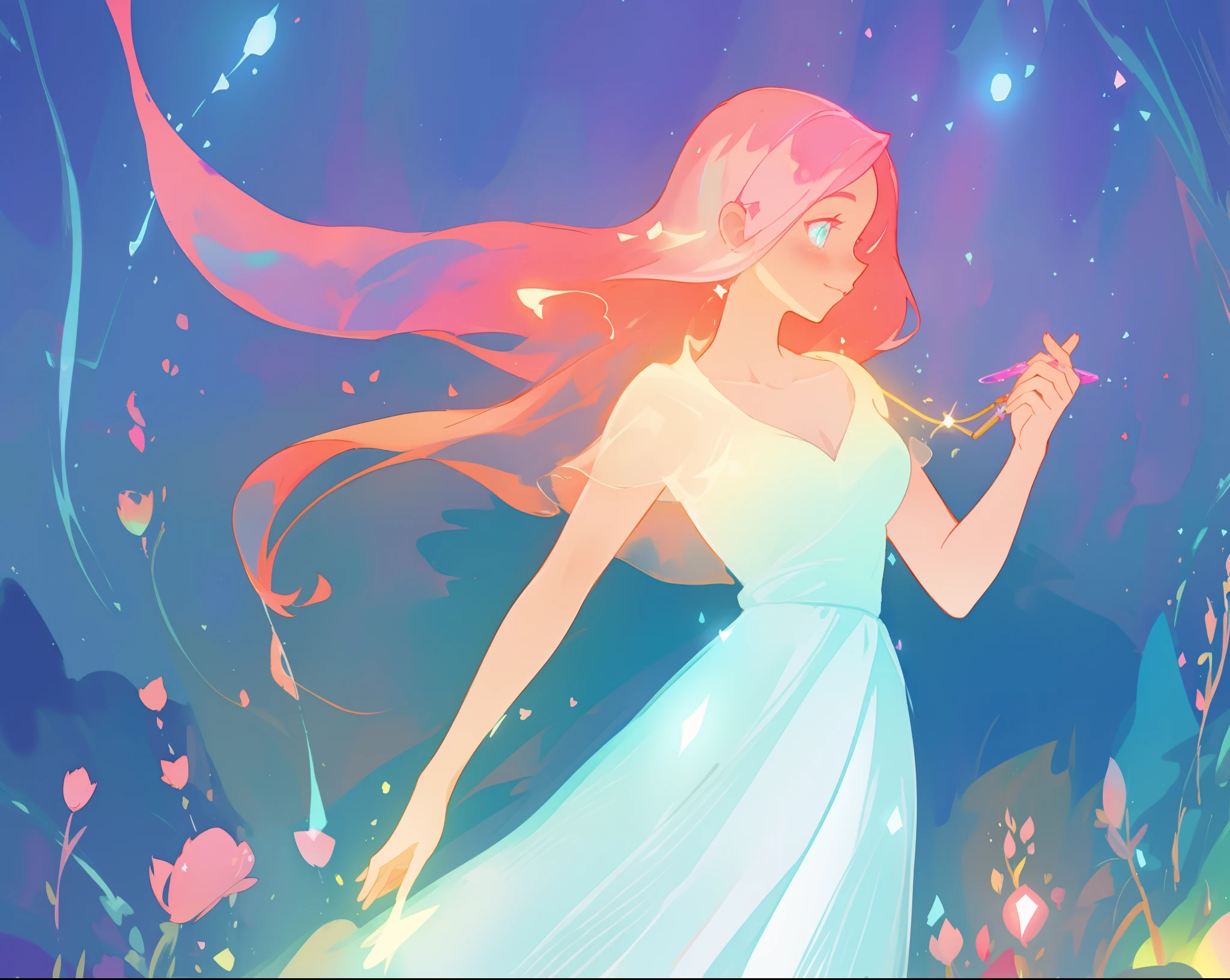 beautiful girl in glowing white dress, ((flowing white ballgown)), (looking away, profile view), vibrant pastel colors, (colorful), magical lights, long flowing colorful pink hair, ((glowing aura around her)), flowing glowing hair, fantasia landscape background, whimsical, magical, fantasy, beautiful face, ((masterpiece, best quality)), intricate details, highly detailed, sharp focus, 8k resolution, sparkling detailed eyes, liquid watercolor