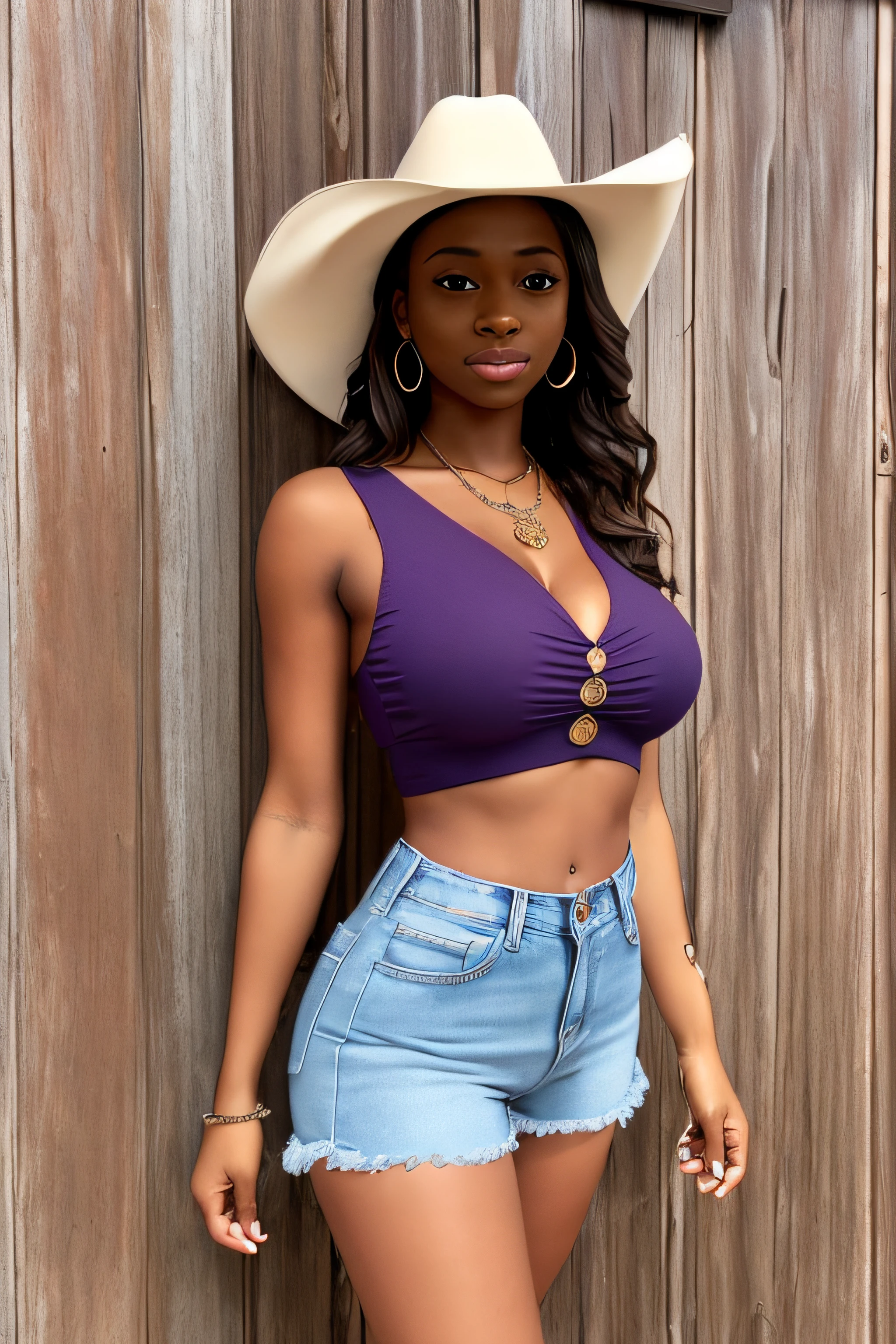 beautiful girl, low cut, cleavage, bigger breasts, round breast, wavy hair, wearing earrings, stockings, wearing a cowboy hat, big , smooth skin, wearing garter, breasts exposed, exposed, detailed image, sharp photo, wearing a necklace, red hair, wavy long hair, purple dress, mini skirt, her top is exposed, expressive eyes, exposed, large , large areola, light brown eyes, showing, tight jean shorts, very long hair, on a farm, inside a barn, wearing cowboy boots, , showing camel toe, black girl, dark skin, open purple blouse
