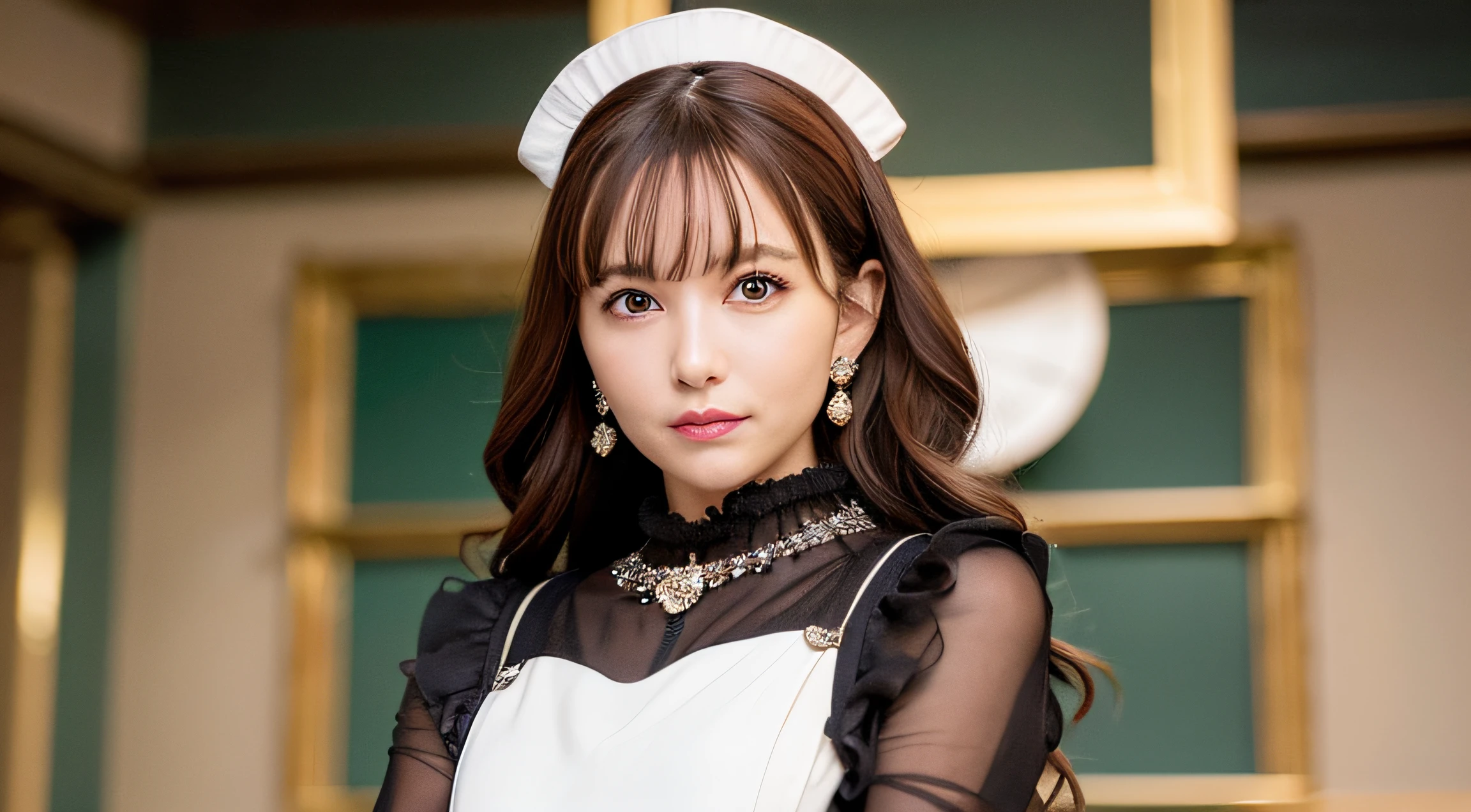 best quality, photorealistic, 8k, high res, 1girl, woman, (skindentation), (professional lighting), (portrait:0.6), (maid dress:1.897), gorgeous, ((brown hair)), (medium hair:1.6), (flowing hair:1.4), (1girl eyes looking at viewer:1), ((looking at viewer:1.6)), (1girl looking at the camera), photorealistic, (bokeh), (portait:0.6), (dynamic pose:1.2), masterpiece, intricate, realistic, sharp focus, award-winning photograph, sfw, (smile:1),