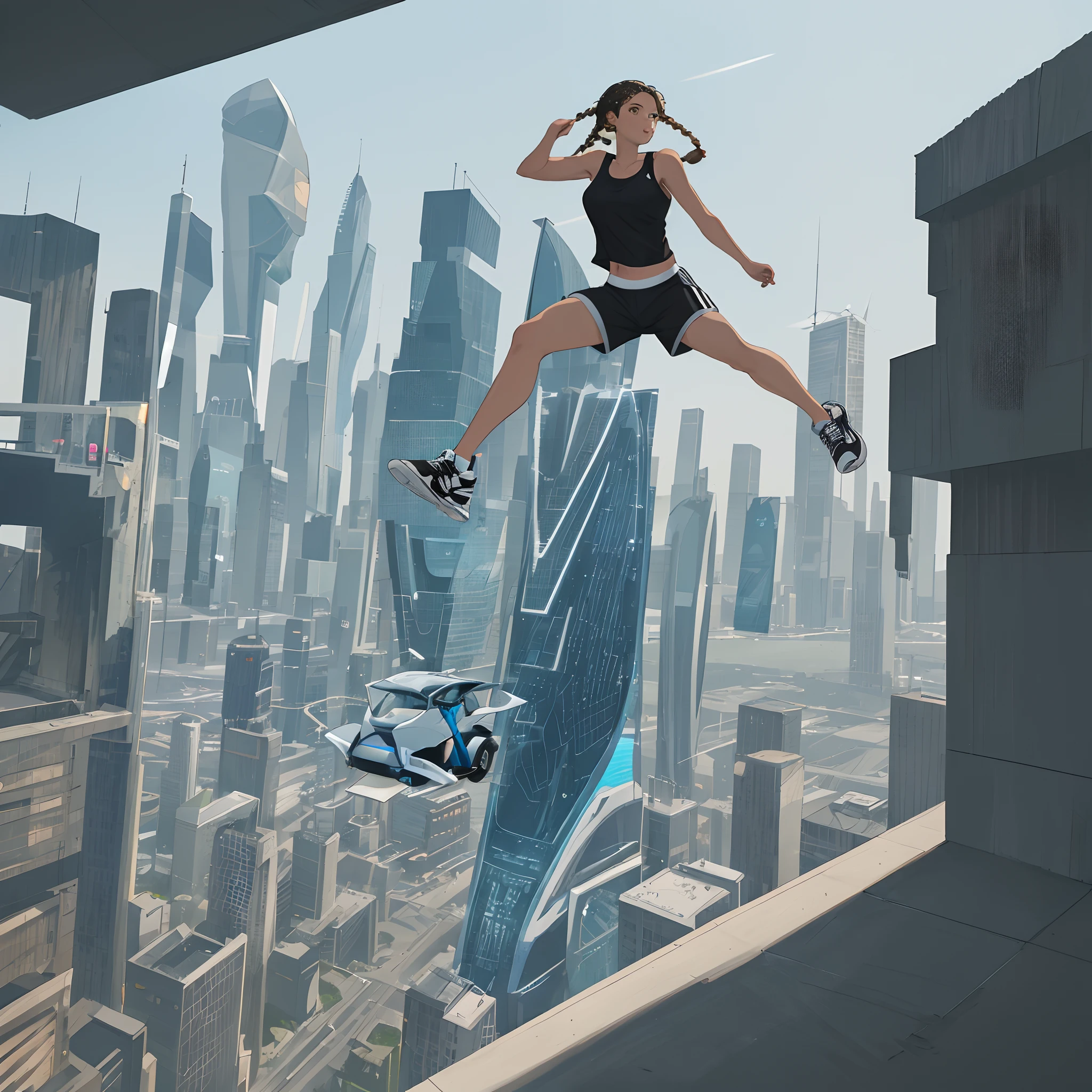 Um rapaz de 1,30 m strong Brunette with braids, brown bearded eyes, wearing black tank top and black Adidas shorts with white sneakers in a futuristic city with flying cars and well-lit illuminated