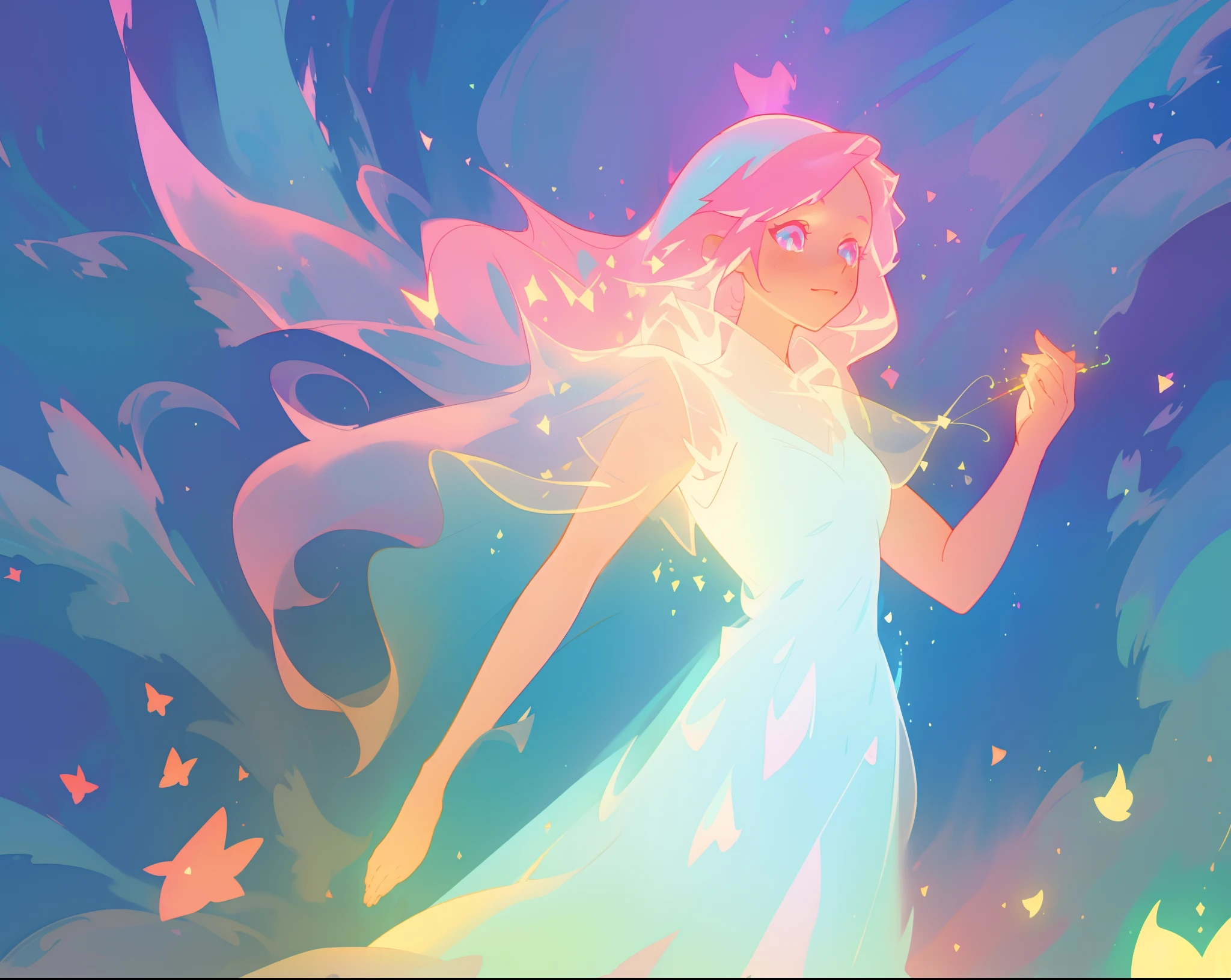 beautiful girl in glowing white dress, ((flowing white ballgown)), vibrant pastel colors, (colorful), magical lights, long flowing colorful pink hair, ((glowing aura around her)), flowing glowing hair, fantasia landscape background, whimsical, magical, fantasy, beautiful face, ((masterpiece, best quality)), intricate details, highly detailed, sharp focus, 8k resolution, sparkling detailed eyes, liquid watercolor