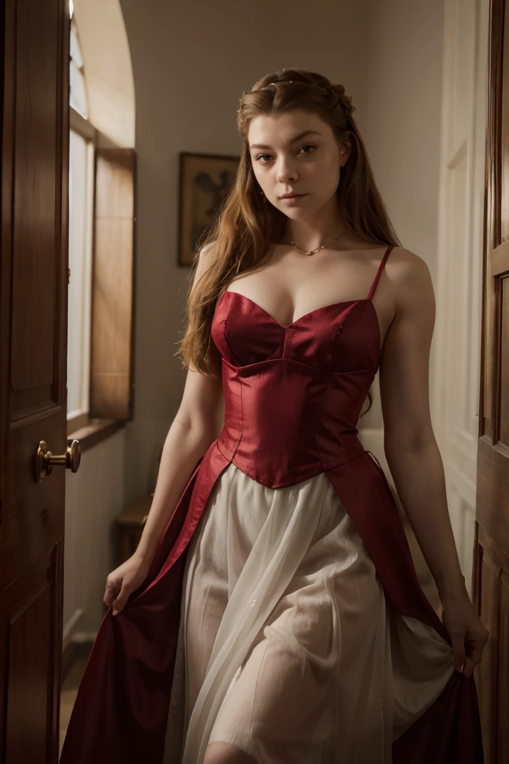 mulher arafed em um vestido vermelho com um colar e brincos, Os tudors, Natalie Dormer, Atores, em alto estilo renascentista bringando com outra mulher se admirando no espelho