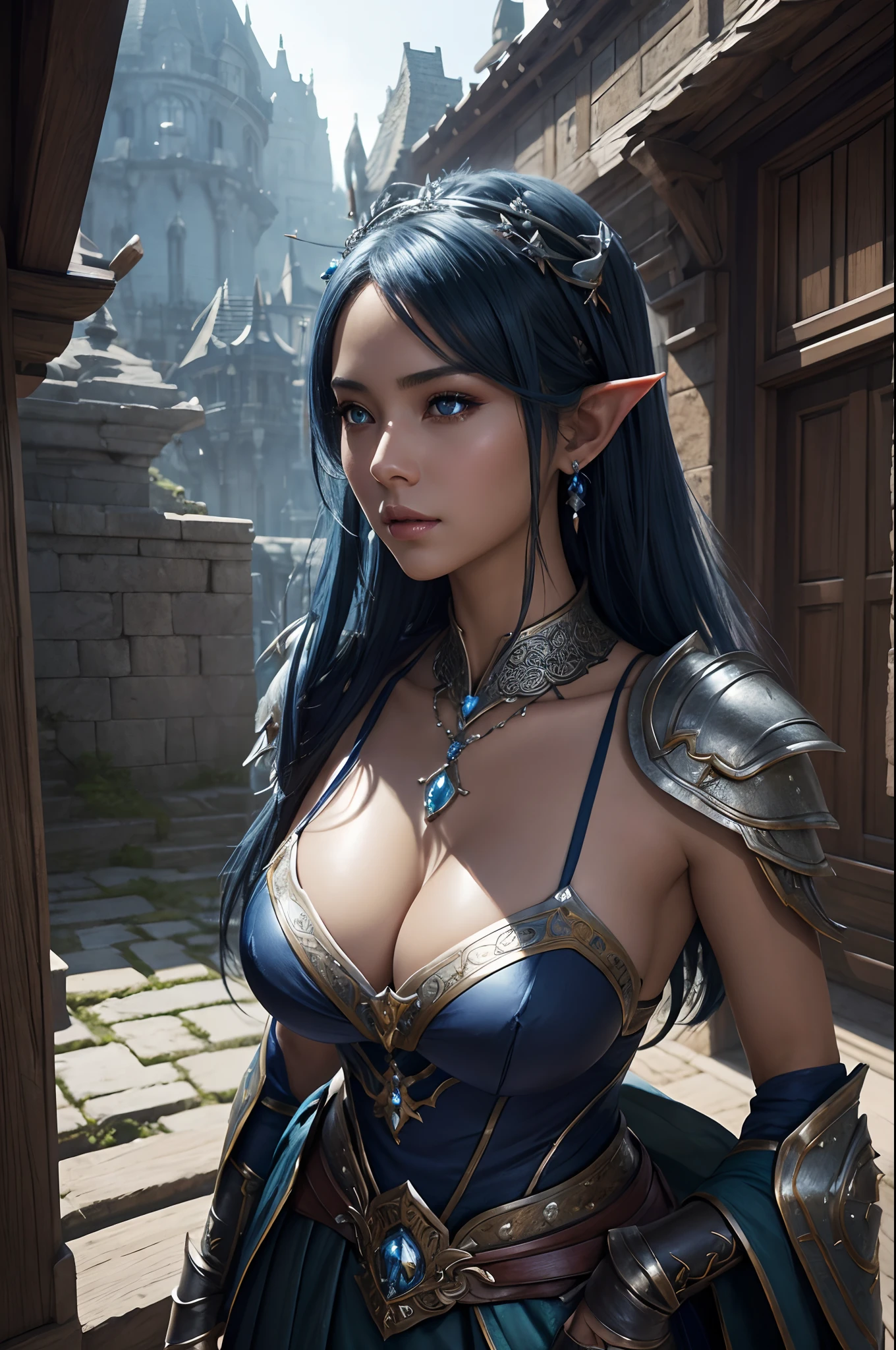 8K、Dark elf with very big breasts,Super beauty,Tanned realistic skin,Luxurious blue and white chest armor,Model Chute Style、(the Extremely Detailed CG Unity 8K Wallpapers)、Full shot body photos of the most beautiful artwork in the world、Front Four Poses、Dark Elves、blue hairs、Green Valley、Blue and white sexy chest armor。Black skirt、Pearl Skin、Diamonds、medieval architecture、Ed Brink、Ateigairan、Studio Ghibli、Jeremy Mann、Greg Munchez、Antonio Moro、trending on artstationh、Trending in CG、 Dense and、Up to detail、Sharp focus、Dramatic and photorealistic painting art by Midjourney and Greg Rutkowski、Sexy costume、very large breast、Blue eyes、see the beholder、beautiful expression、Emphasize cleavage、Beautiful decoration,