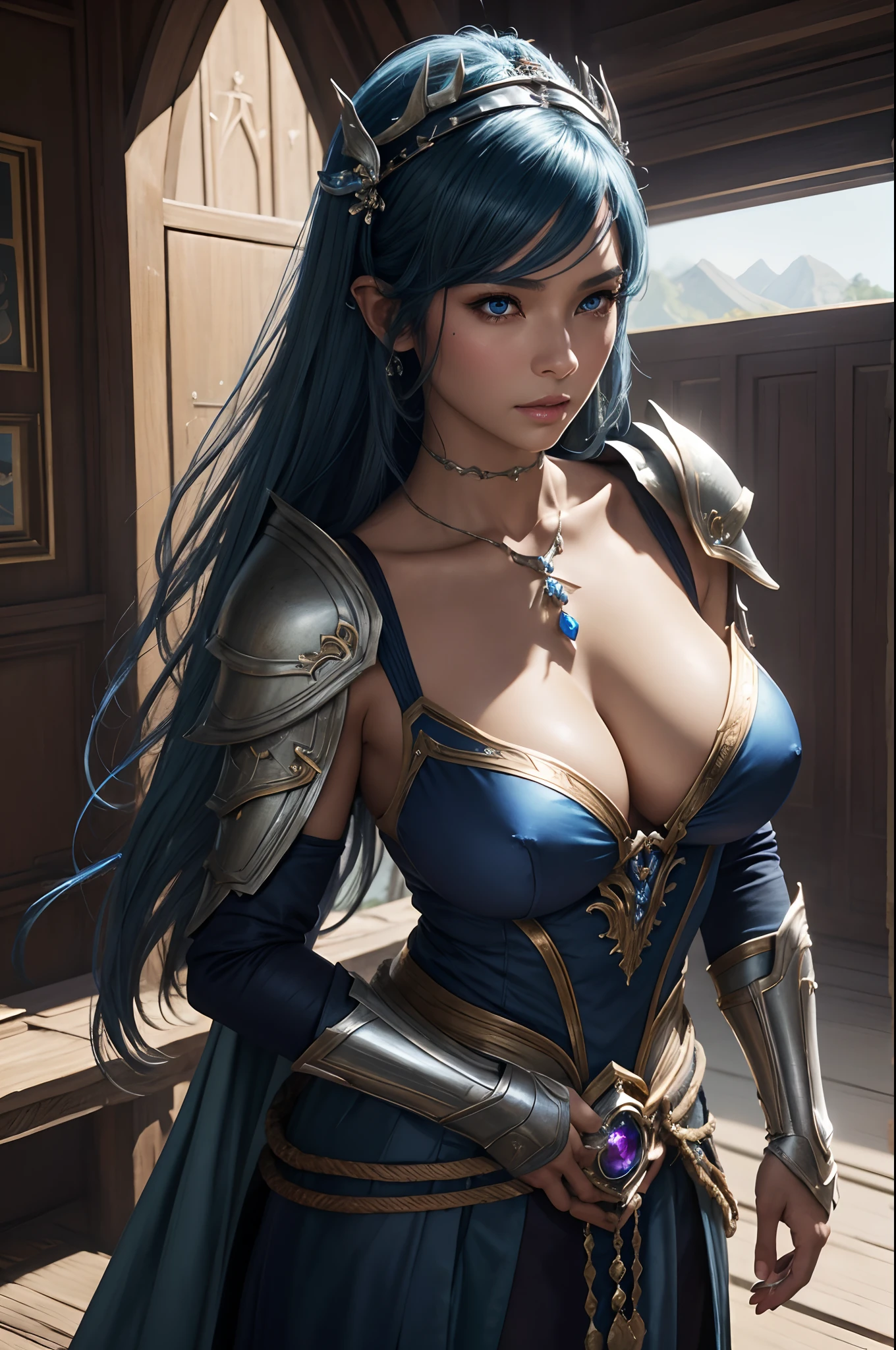 8K、Dark elf with very big breasts,Super beauty,Tanned realistic skin,Luxurious blue and white chest armor,Model Chute Style、(the Extremely Detailed CG Unity 8K Wallpapers)、Full shot body photos of the most beautiful artwork in the world、Front Four Poses、Dark Elves、blue hairs、Green Valley、Blue and white sexy chest armor。Black skirt、Pearl Skin、Diamonds、medieval architecture、Ed Brink、Ateigairan、Studio Ghibli、Jeremy Mann、Greg Munchez、Antonio Moro、trending on artstationh、Trending in CG、 Dense and、Up to detail、Sharp focus、Dramatic and photorealistic painting art by Midjourney and Greg Rutkowski、Sexy costume、very large breast、Blue eyes、see the beholder、beautiful expression、Emphasize cleavage、Beautiful decoration,
