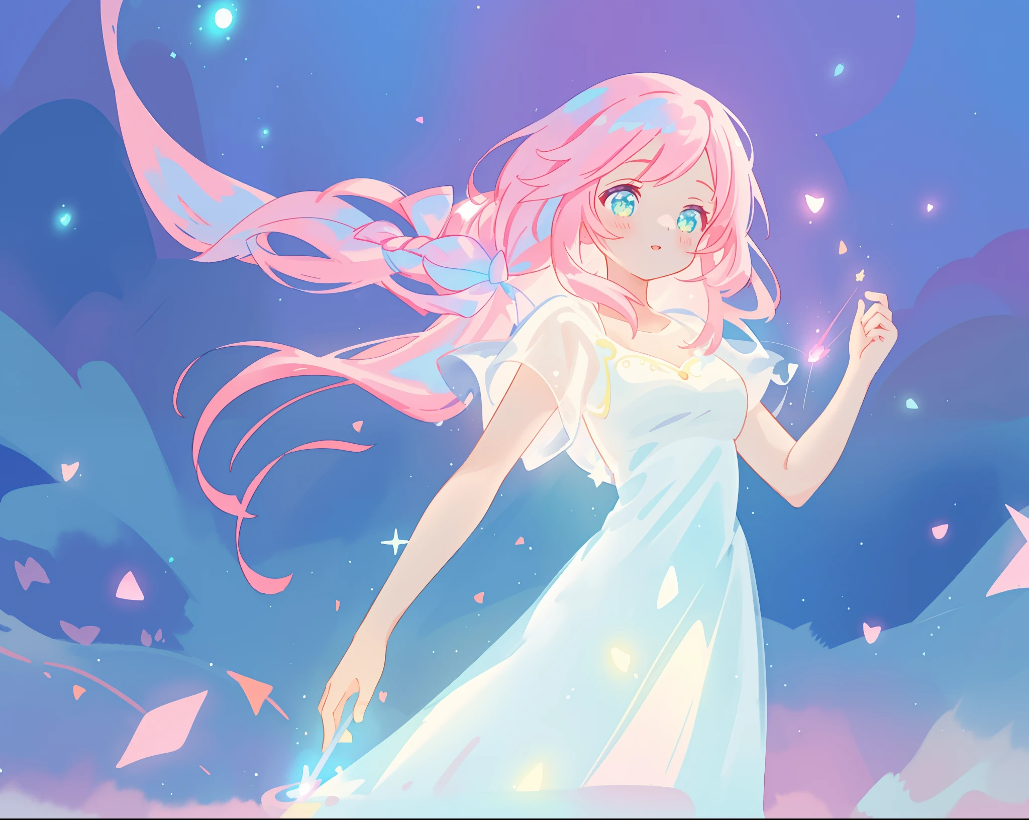 beautiful girl in glowing white dress, ((flowing white ballgown)), vibrant pastel colors, (colorful), magical lights, long flowing colorful pink hair, ((glowing aura around her)), flowing glowing hair, fantasia landscape background, whimsical, magical, fantasy, beautiful face, ((masterpiece, best quality)), intricate details, highly detailed, sharp focus, 8k resolution, sparkling detailed eyes, liquid watercolor