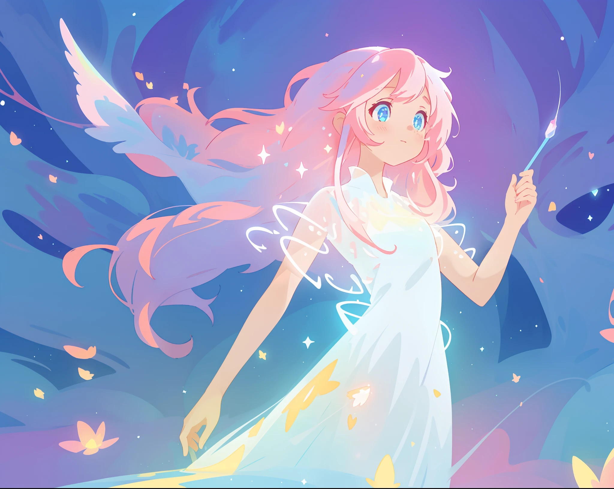 beautiful girl in glowing white dress, ((flowing white ballgown)), vibrant pastel colors, (colorful), magical lights, long flowing colorful pink hair, ((glowing aura around her)), flowing glowing hair, fantasia landscape background, whimsical, magical, fantasy, beautiful face, ((masterpiece, best quality)), intricate details, highly detailed, sharp focus, 8k resolution, sparkling detailed eyes, liquid watercolor