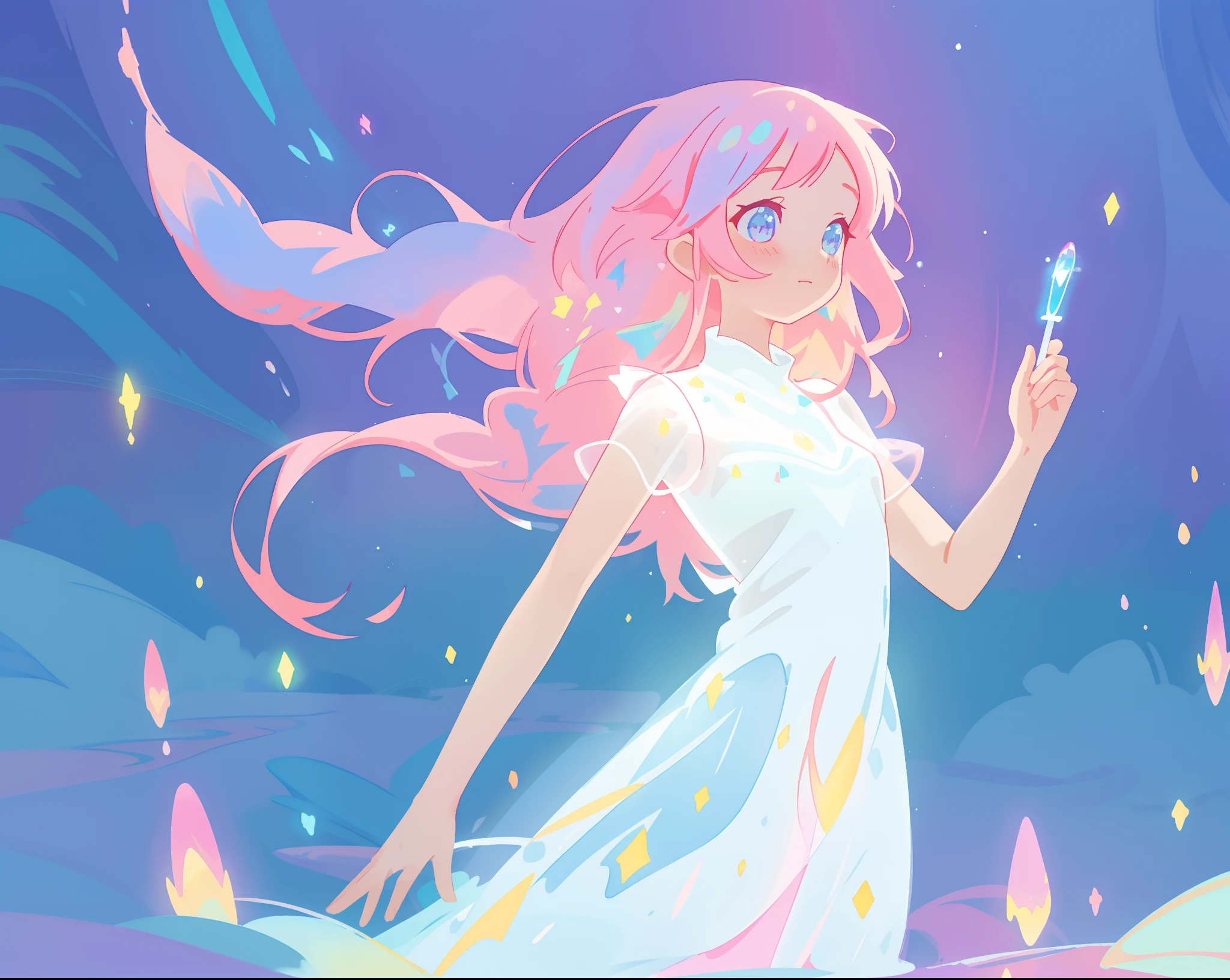 beautiful girl in glowing white dress, ((flowing white ballgown)), vibrant pastel colors, (colorful), magical lights, long flowing colorful pink hair, ((glowing aura around her)), flowing glowing hair, fantasia landscape background, whimsical, magical, fantasy, beautiful face, ((masterpiece, best quality)), intricate details, highly detailed, sharp focus, 8k resolution, sparkling detailed eyes, liquid watercolor
