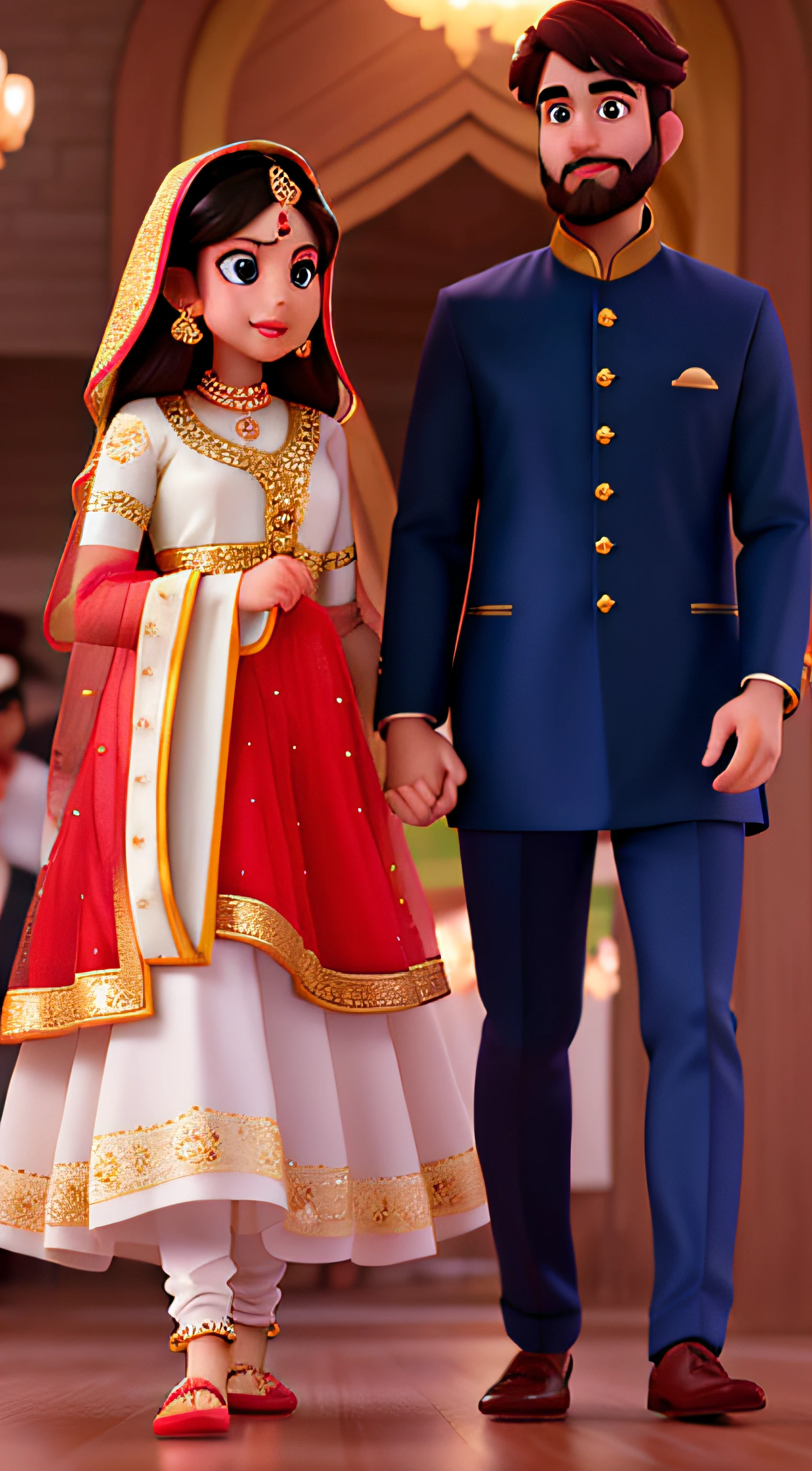 very very cute, disney animation inspired , Pakistani wedding scene. Beard on guys face, guy wearing white sherwani, girl wearing red lehnga. Keep the girl's dress modest. Make it like a disney pixar movie animation