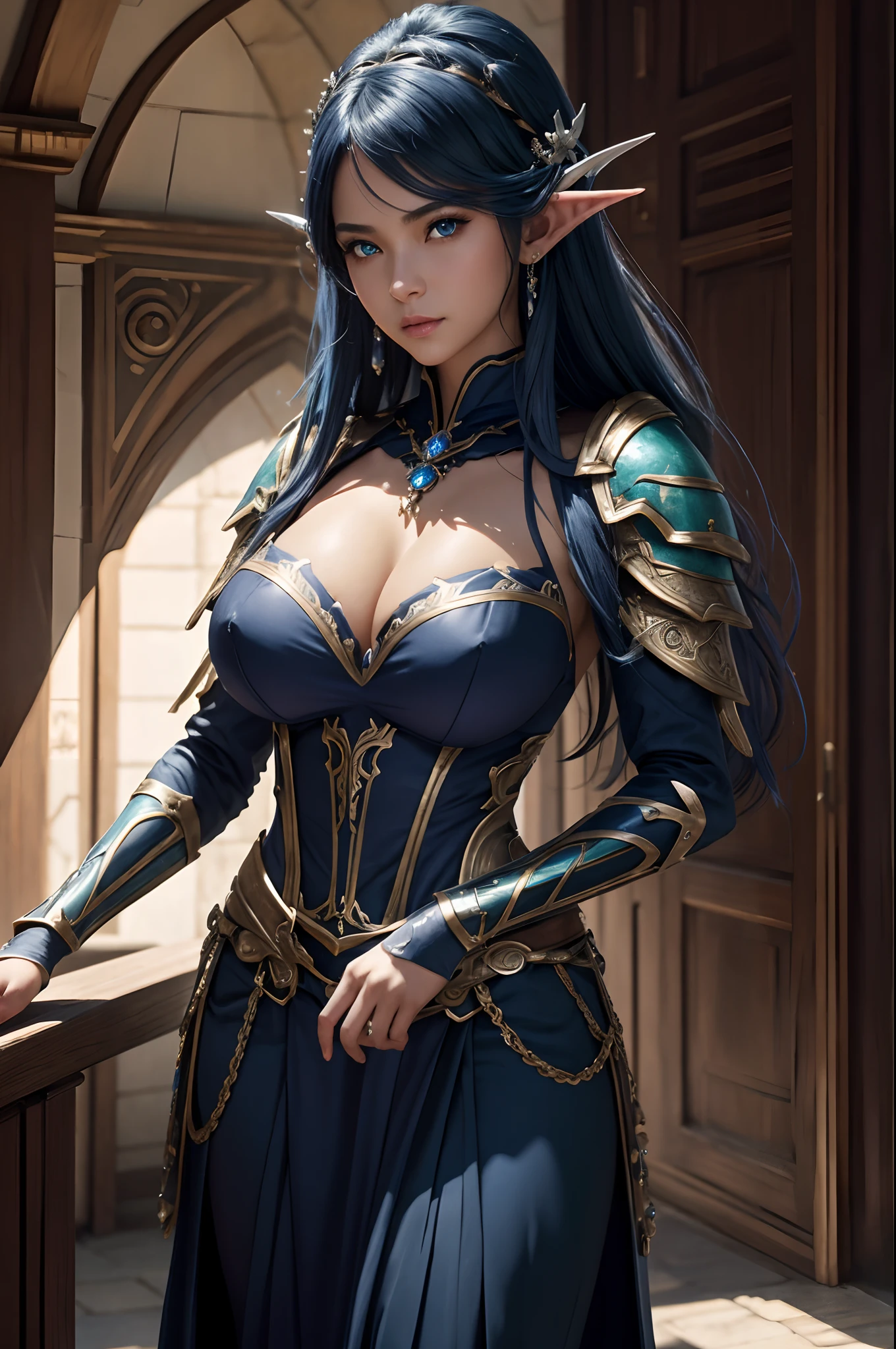 8K、Dark elf with very big breasts,Super beauty,Tanned realistic skin,Luxurious blue and white metal chest armor,Model Chute Style、(the Extremely Detailed CG Unity 8K Wallpapers)、Full shot body photos of the most beautiful artwork in the world、Front Four Poses、Dark Elves、blue hairs、Green Valley、Blue and white sexy chest armor。Black skirt、Pearl Skin、Diamonds、medieval architecture、Ed Brink、Ateigairan、Studio Ghibli、Jeremy Mann、Greg Munchez、Antonio Moro、trending on artstationh、Trending in CG、 Dense and、Up to detail、Sharp focus、Dramatic and photorealistic painting art by Midjourney and Greg Rutkowski、Sexy costume、very large breast、Blue eyes、see the beholder、beautiful expression、Emphasize cleavage、Beautiful decoration,