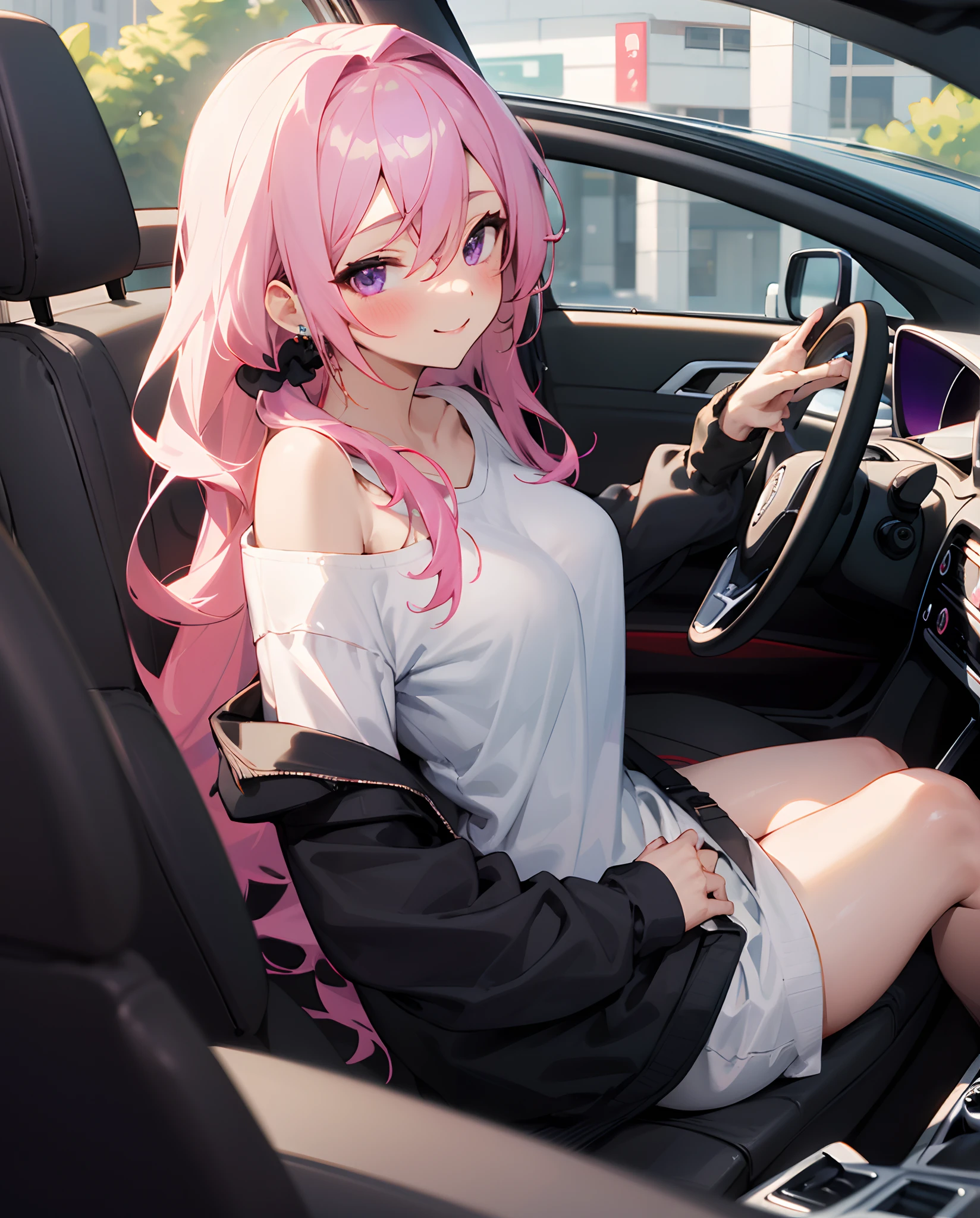 (masterpiece, best quality),1girl sitting in a car ,1girl, jewelry, smile, looking at viewer, car interior, solo,pink hair, purple eyes, steering wheel, blush, long hair, white shirt, off shoulder, black jacket, hair between eyes, long sleeves, , wrist scrunchie, Thong, ass focus